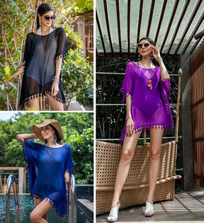 ALLEN & MATE Chiffon Tassel Swimsuit Beach Bathing Suit Cover Ups for Women Summer Casual Swimwear Bikini Beach Dress Swim Bathing Suit