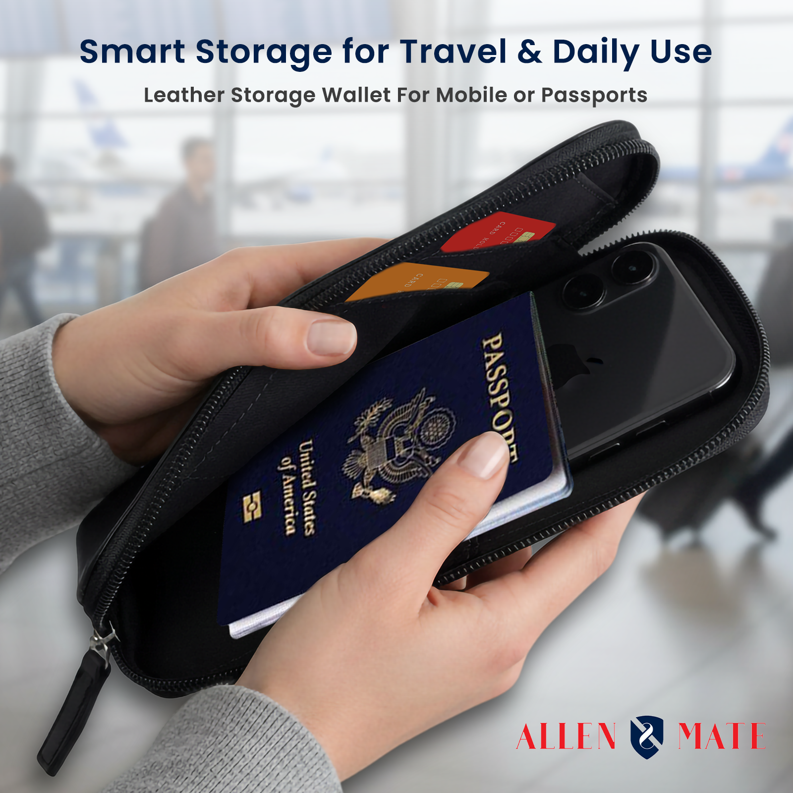 ALLEN & MATE Genuine Leather Travel Phone Sleeve & Passport Case – Slim Mobile Pouch Fits iPhone 17/17 Pro/17 Pro Max, 16/16 Plus/16 Pro/16 Pro Max, 15 Samsung Android – Travel Wallet