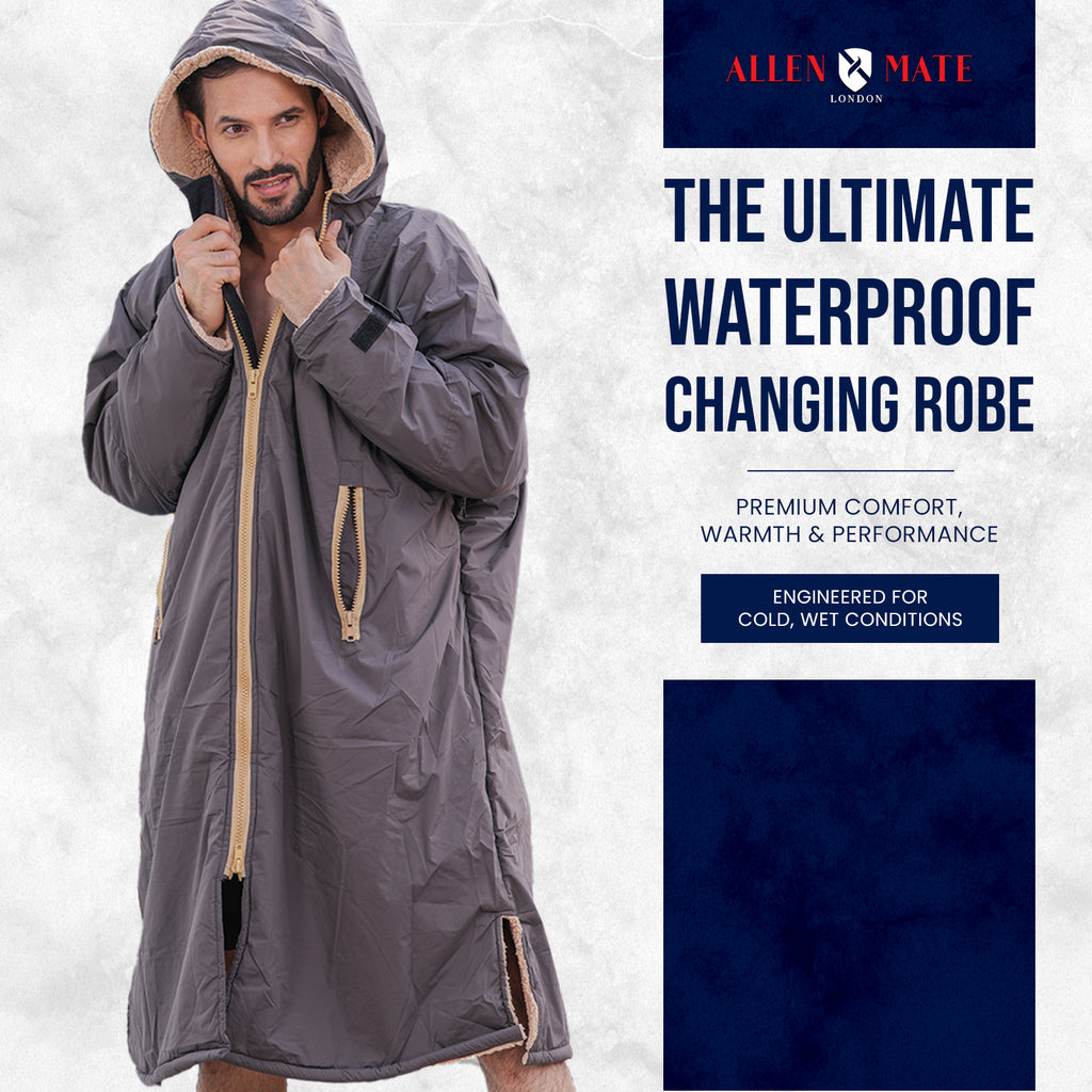 ALLEN & MATE Adult Waterproof Changing Jacket, Sherpa Fleece-Lined and Swim Coat Parka, Heavy Duty Windproof Winter Robe