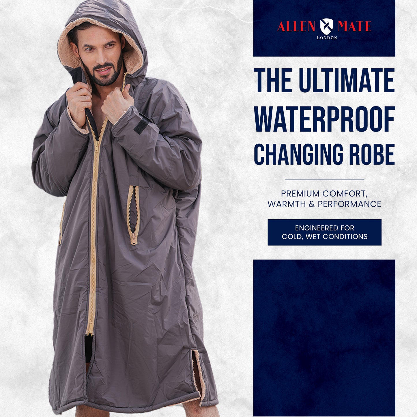 ALLEN & MATE Adult Waterproof Changing Jacket, Sherpa Fleece-Lined and Swim Coat Parka, Heavy Duty Windproof Winter Robe