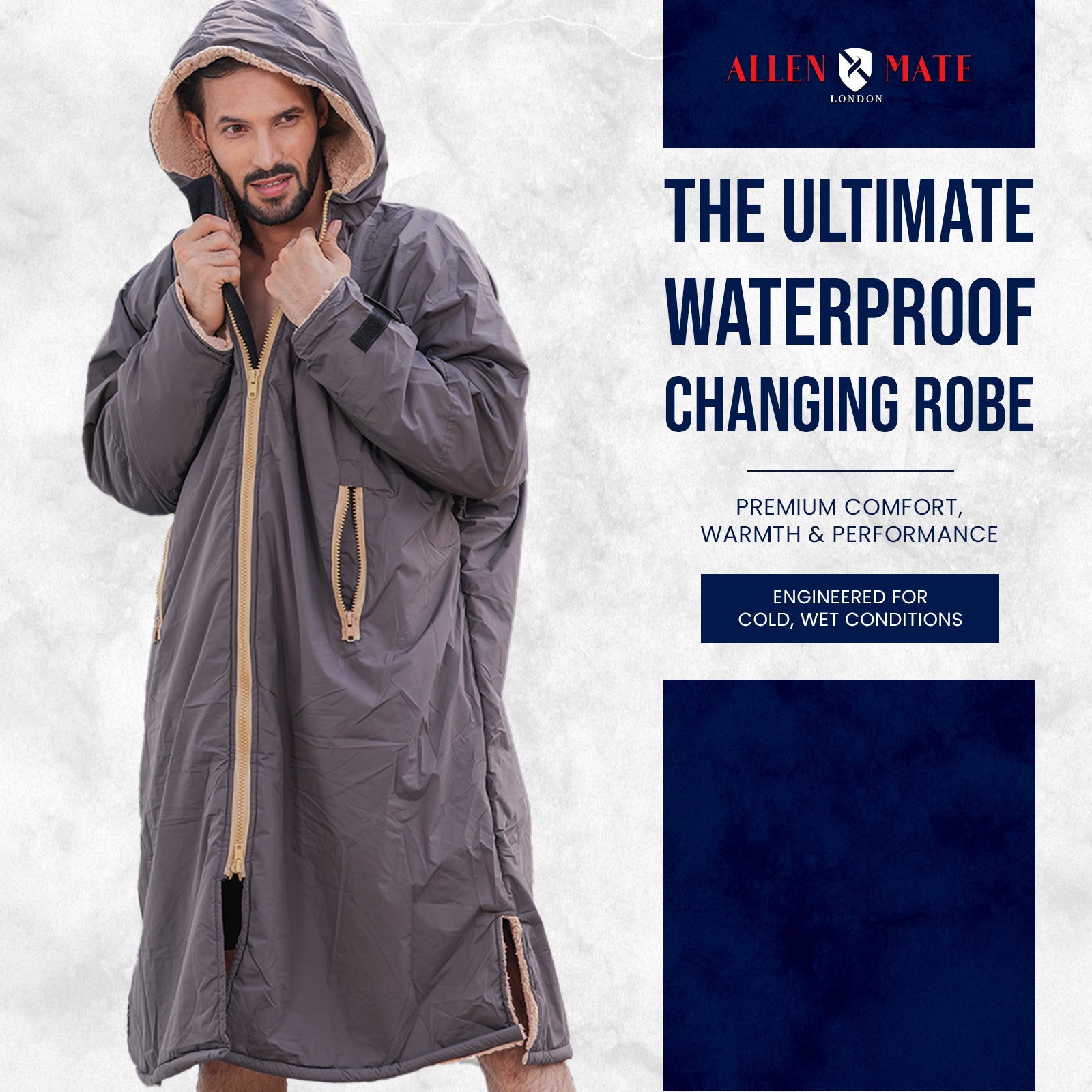 ALLEN & MATE Adult Waterproof Changing Jacket, Sherpa Fleece-Lined and Swim Coat Parka, Heavy Duty Windproof Winter Robe