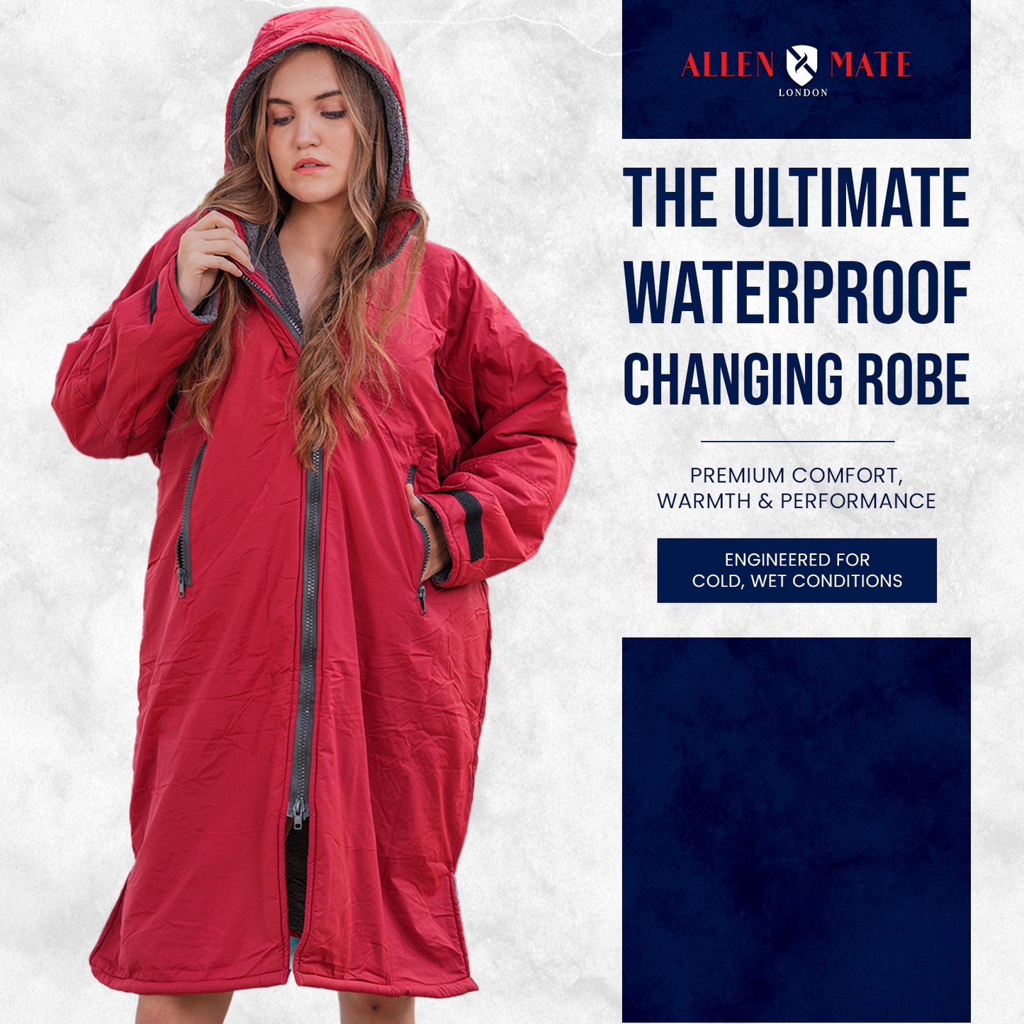 ALLEN & MATE Adult Waterproof Changing Jacket, Sherpa Fleece-Lined and Swim Coat Parka, Heavy Duty Windproof Winter Robe