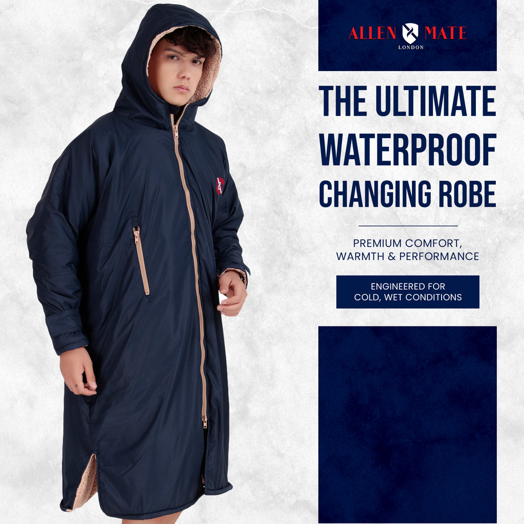 ALLEN & MATE Adult Waterproof Changing Jacket, Sherpa Fleece-Lined and Swim Coat Parka, Heavy Duty Windproof Winter Robe