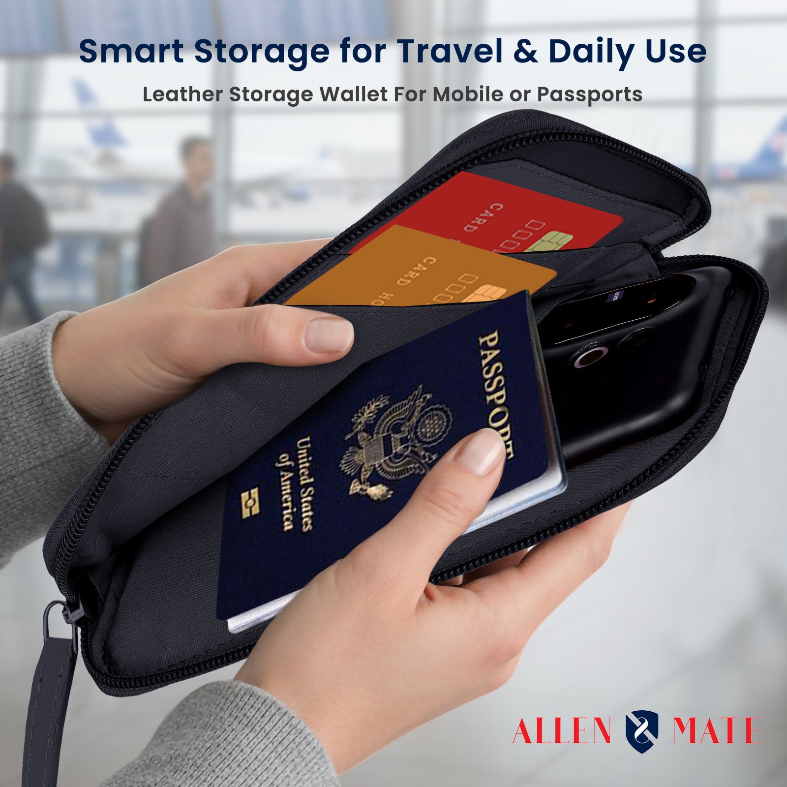 ALLEN & MATE Genuine Leather Travel Phone Sleeve & Passport Case – Slim Mobile Pouch Fits iPhone 17/17 Pro/17 Pro Max, 16/16 Plus/16 Pro/16 Pro Max, 15 Samsung Android – Travel Wallet