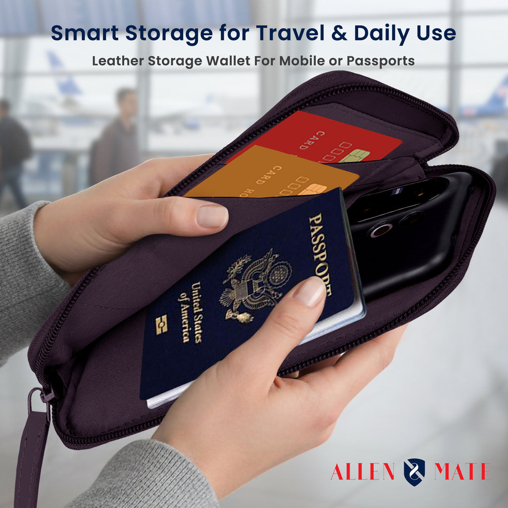 ALLEN & MATE Genuine Leather Travel Phone Sleeve & Passport Case – Slim Mobile Pouch Fits iPhone 17/17 Pro/17 Pro Max, 16/16 Plus/16 Pro/16 Pro Max, 15 Samsung Android – Travel Wallet