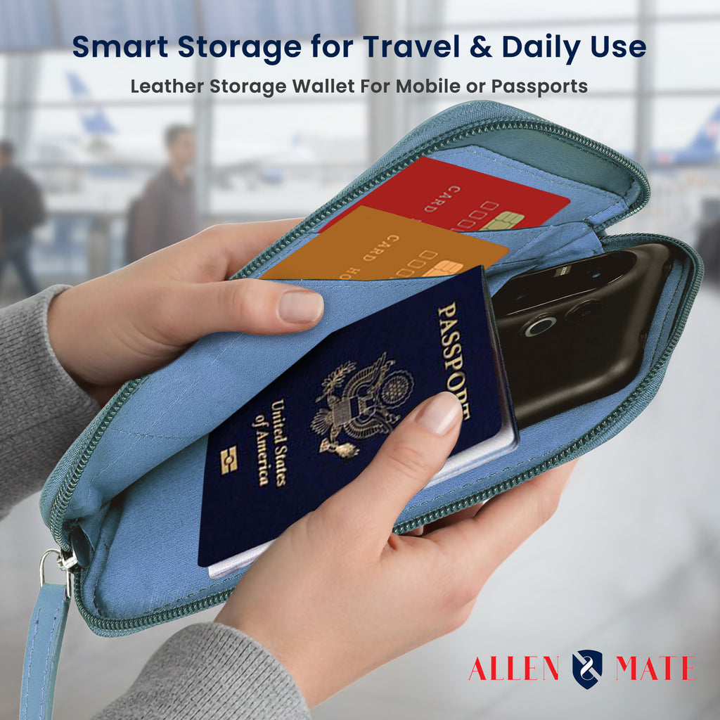 ALLEN & MATE Genuine Leather Travel Phone Sleeve & Passport Case – Slim Mobile Pouch Fits iPhone 17/17 Pro/17 Pro Max, 16/16 Plus/16 Pro/16 Pro Max, 15 Samsung Android – Travel Wallet