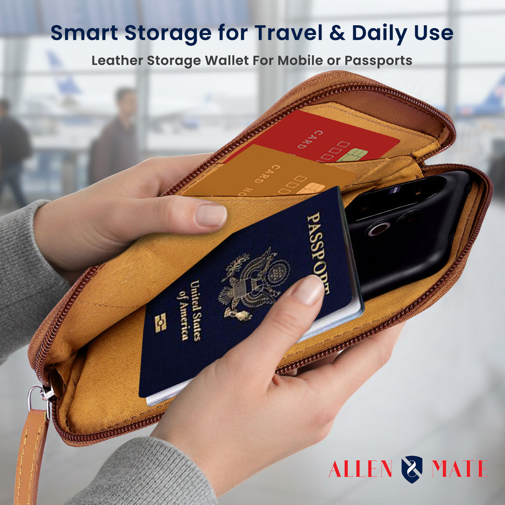 ALLEN & MATE Genuine Leather Travel Phone Sleeve & Passport Case – Slim Mobile Pouch Fits iPhone 17/17 Pro/17 Pro Max, 16/16 Plus/16 Pro/16 Pro Max, 15 Samsung Android – Travel Wallet