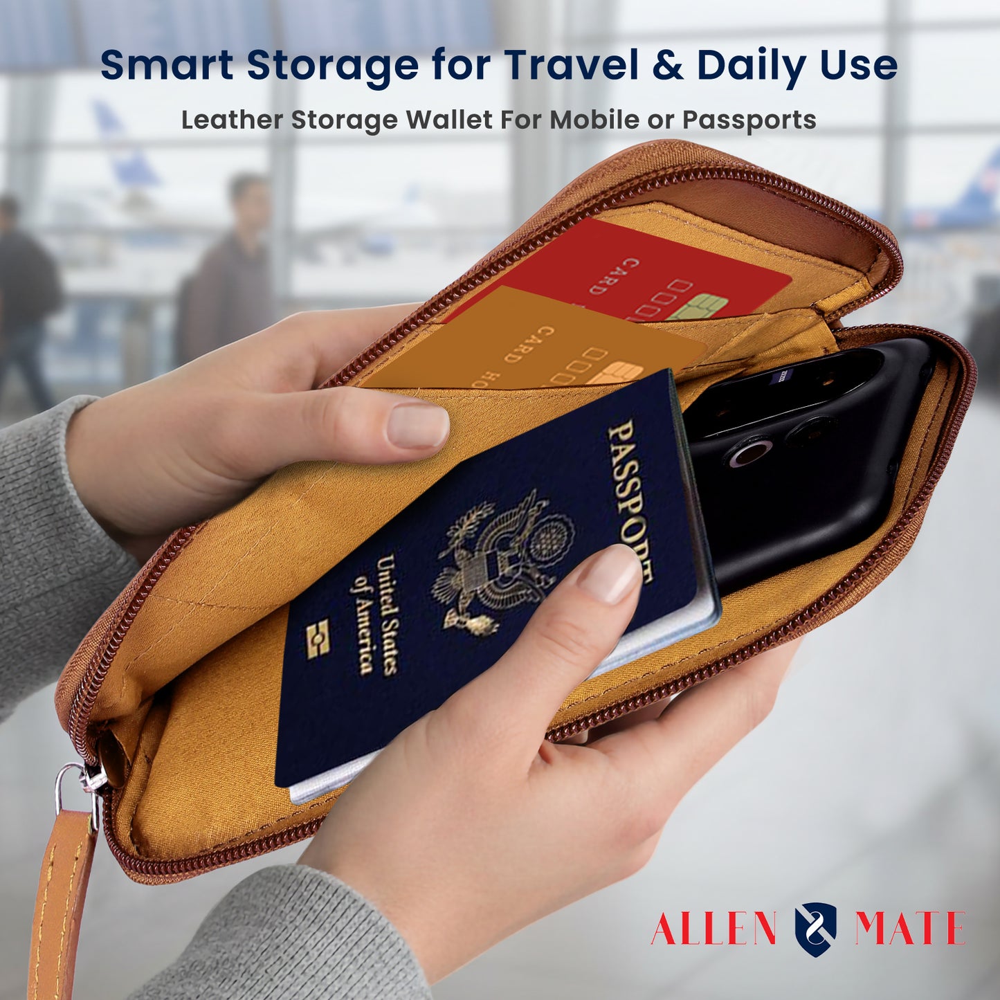 ALLEN & MATE Genuine Leather Travel Phone Sleeve & Passport Case – Slim Mobile Pouch Fits iPhone 17/17 Pro/17 Pro Max, 16/16 Plus/16 Pro/16 Pro Max, 15 Samsung Android – Travel Wallet