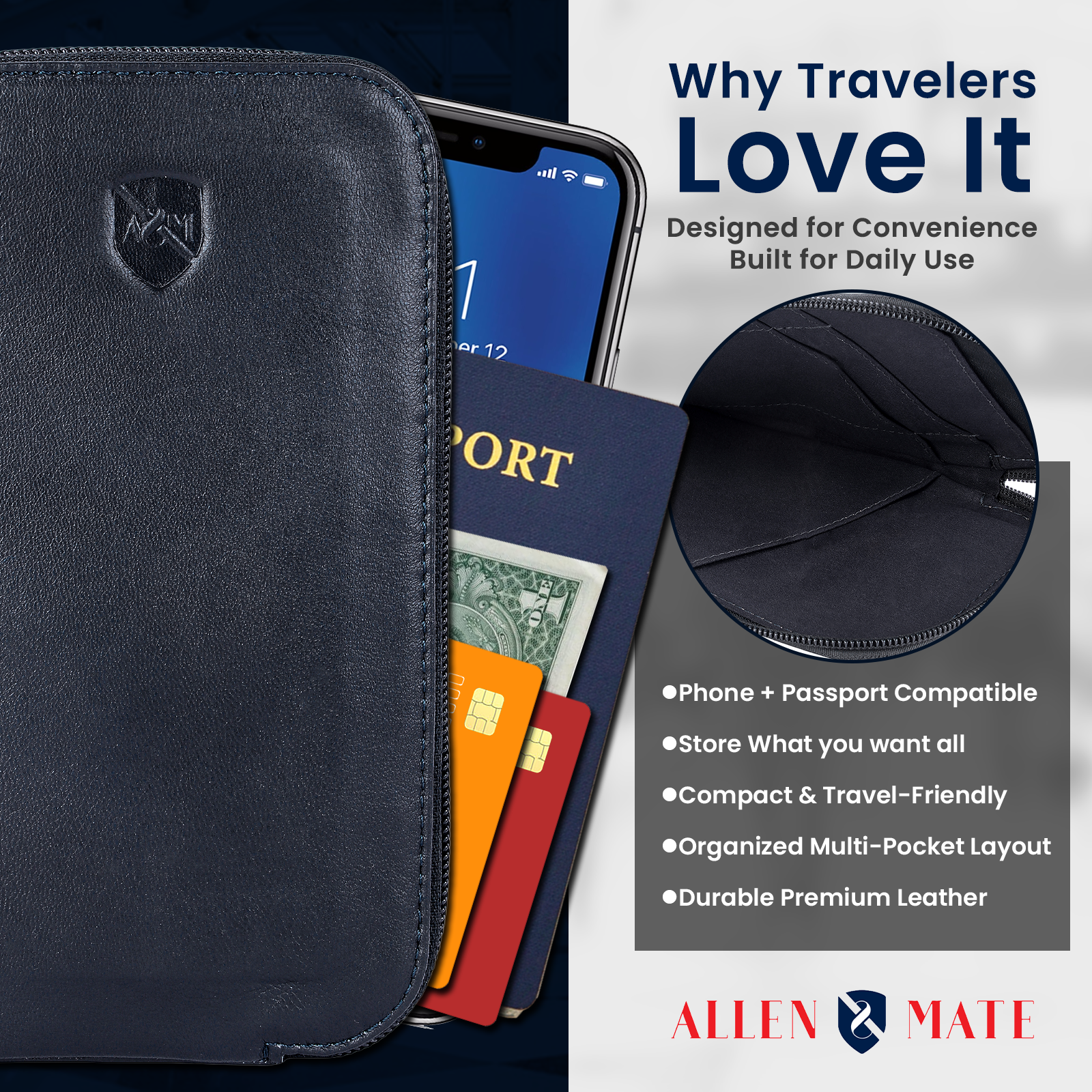 ALLEN & MATE Genuine Leather Travel Phone Sleeve & Passport Case – Slim Mobile Pouch Fits iPhone 17/17 Pro/17 Pro Max, 16/16 Plus/16 Pro/16 Pro Max, 15 Samsung Android – Travel Wallet
