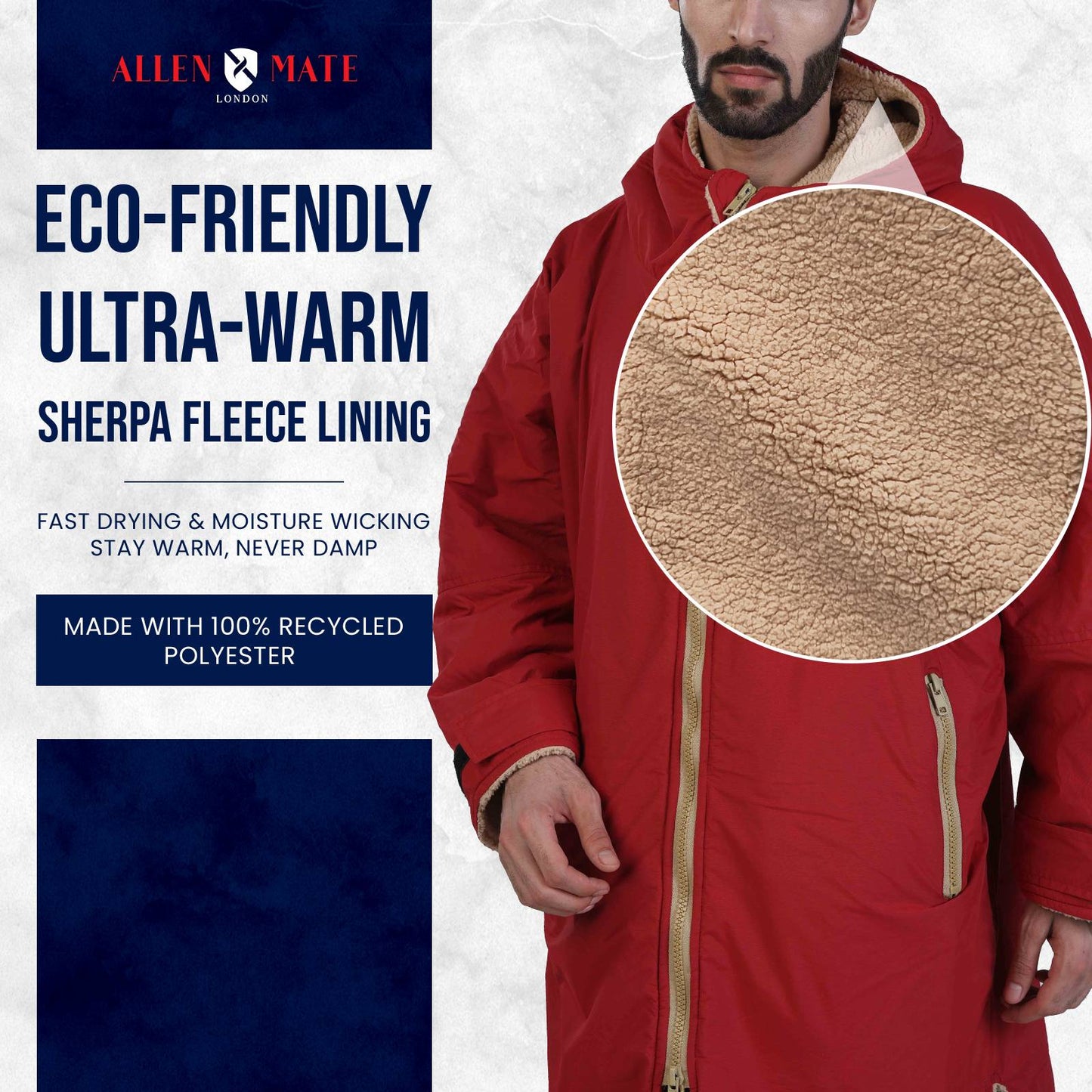 ALLEN & MATE Adult Waterproof Changing Jacket, Sherpa Fleece-Lined and Swim Coat Parka, Heavy Duty Windproof Winter Robe