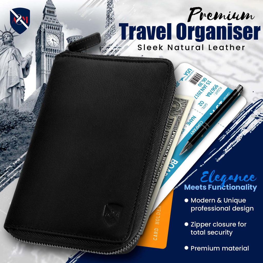 ALLEN & MATE Passport Holder Travel Wallet, 100% Leather RFID Blocking Travel Document Organiser for Men & Women
