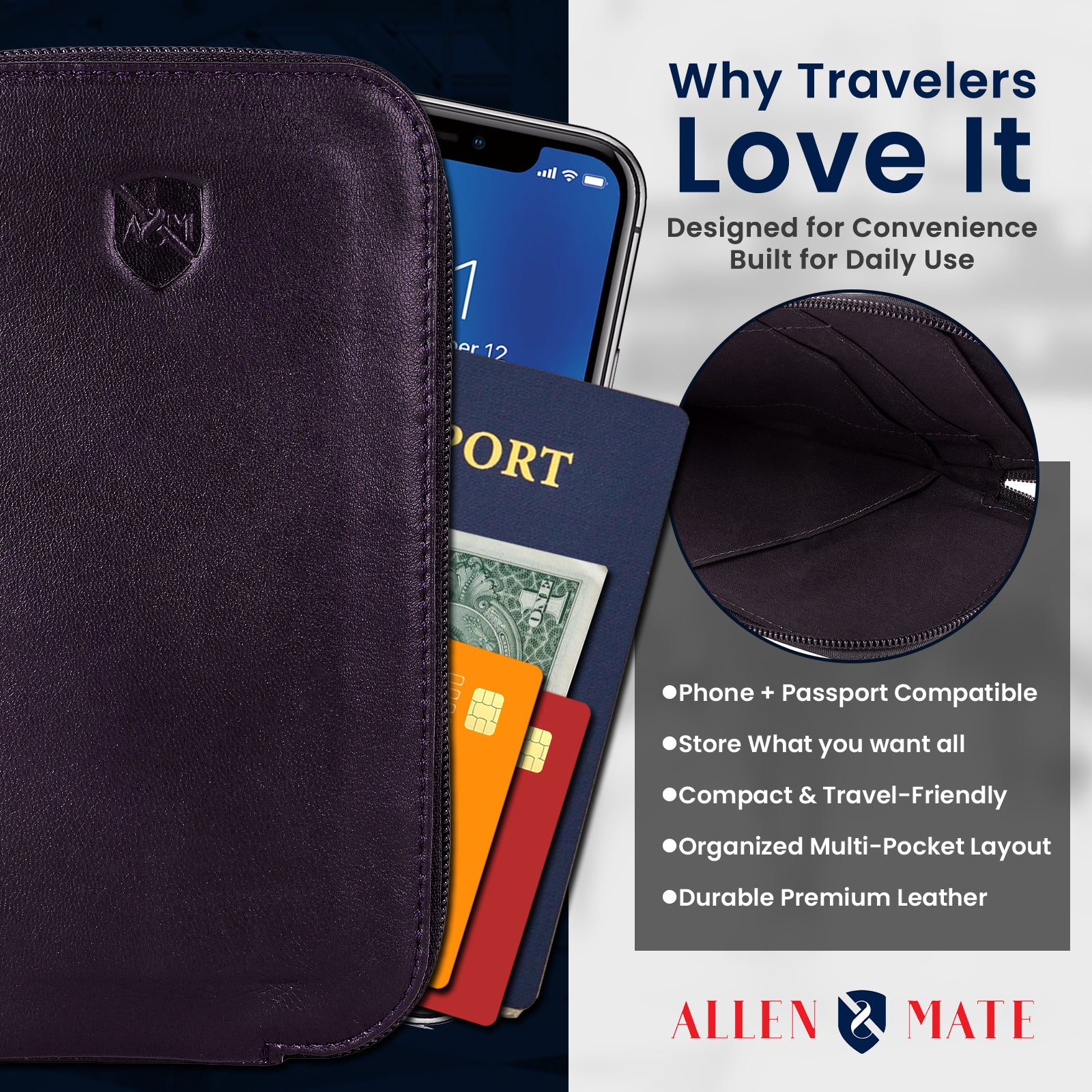 ALLEN & MATE Genuine Leather Travel Phone Sleeve & Passport Case – Slim Mobile Pouch Fits iPhone 17/17 Pro/17 Pro Max, 16/16 Plus/16 Pro/16 Pro Max, 15 Samsung Android – Travel Wallet
