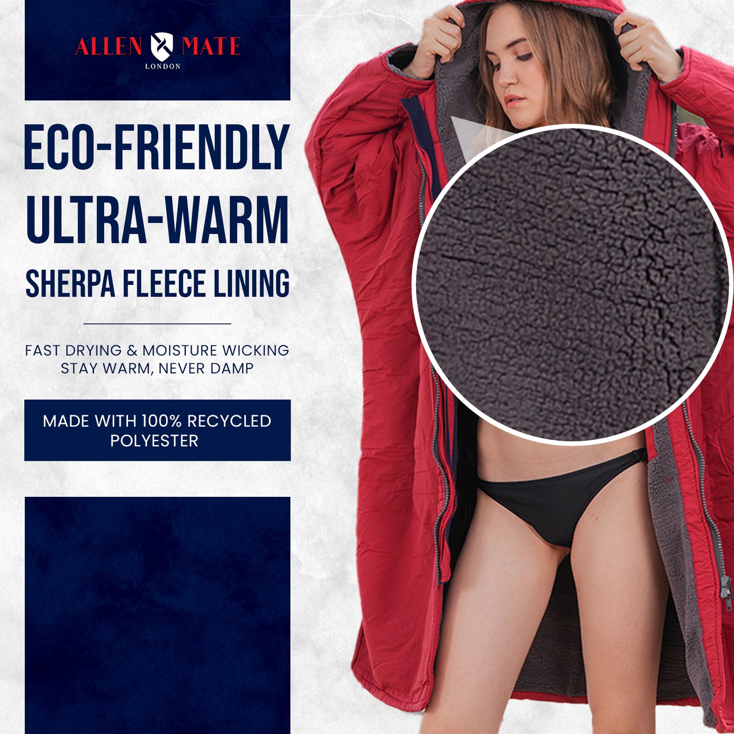 ALLEN & MATE Adult Waterproof Changing Jacket, Sherpa Fleece-Lined and Swim Coat Parka, Heavy Duty Windproof Winter Robe