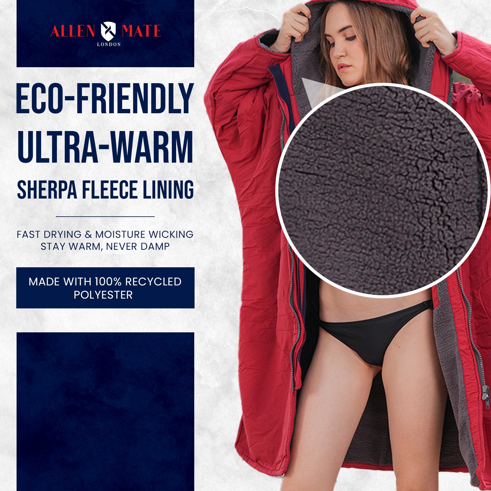 ALLEN & MATE Adult Waterproof Changing Jacket, Sherpa Fleece-Lined and Swim Coat Parka, Heavy Duty Windproof Winter Robe