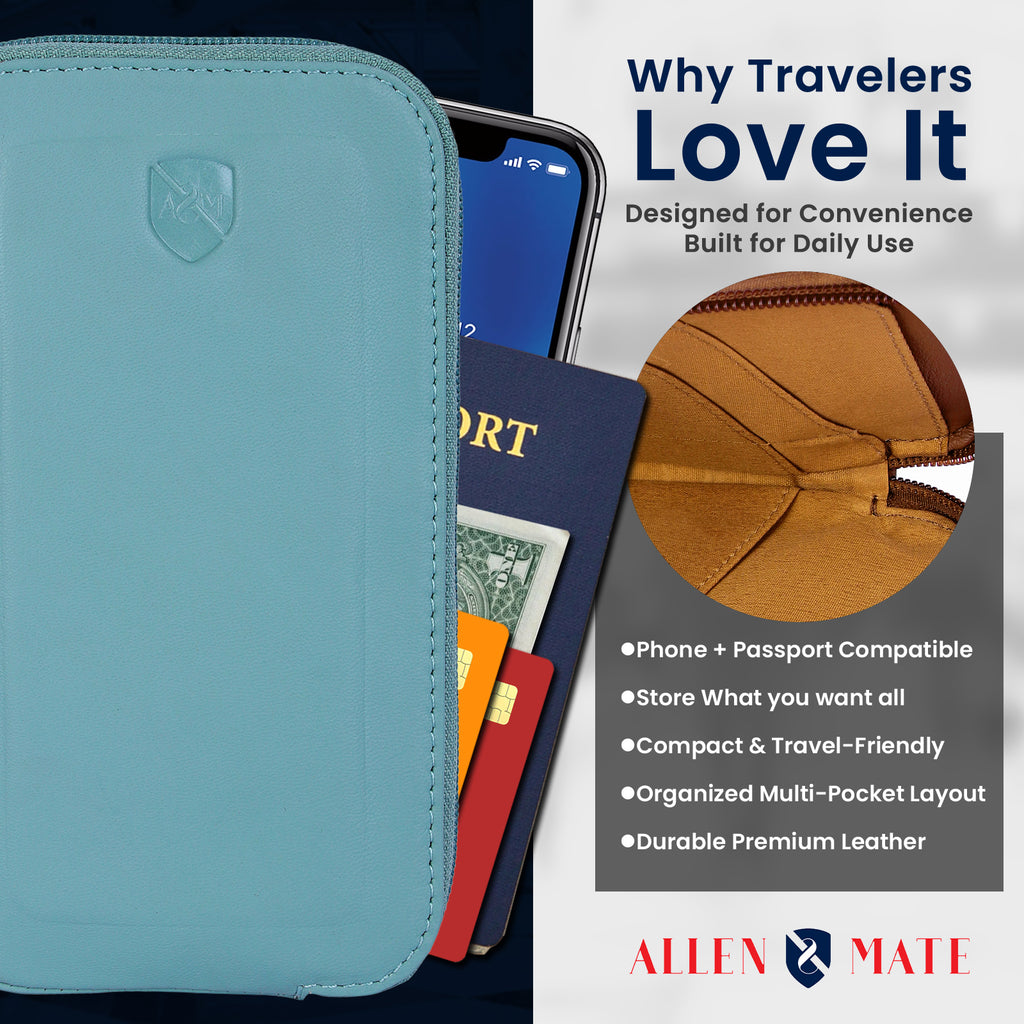 ALLEN & MATE Genuine Leather Travel Phone Sleeve & Passport Case – Slim Mobile Pouch Fits iPhone 17/17 Pro/17 Pro Max, 16/16 Plus/16 Pro/16 Pro Max, 15 Samsung Android – Travel Wallet