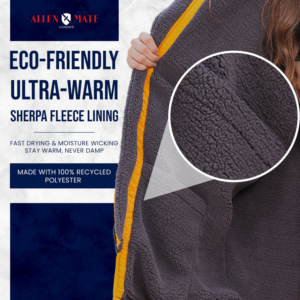 ALLEN & MATE Adult Waterproof Changing Jacket, Sherpa Fleece-Lined and Swim Coat Parka, Heavy Duty Windproof Winter Robe