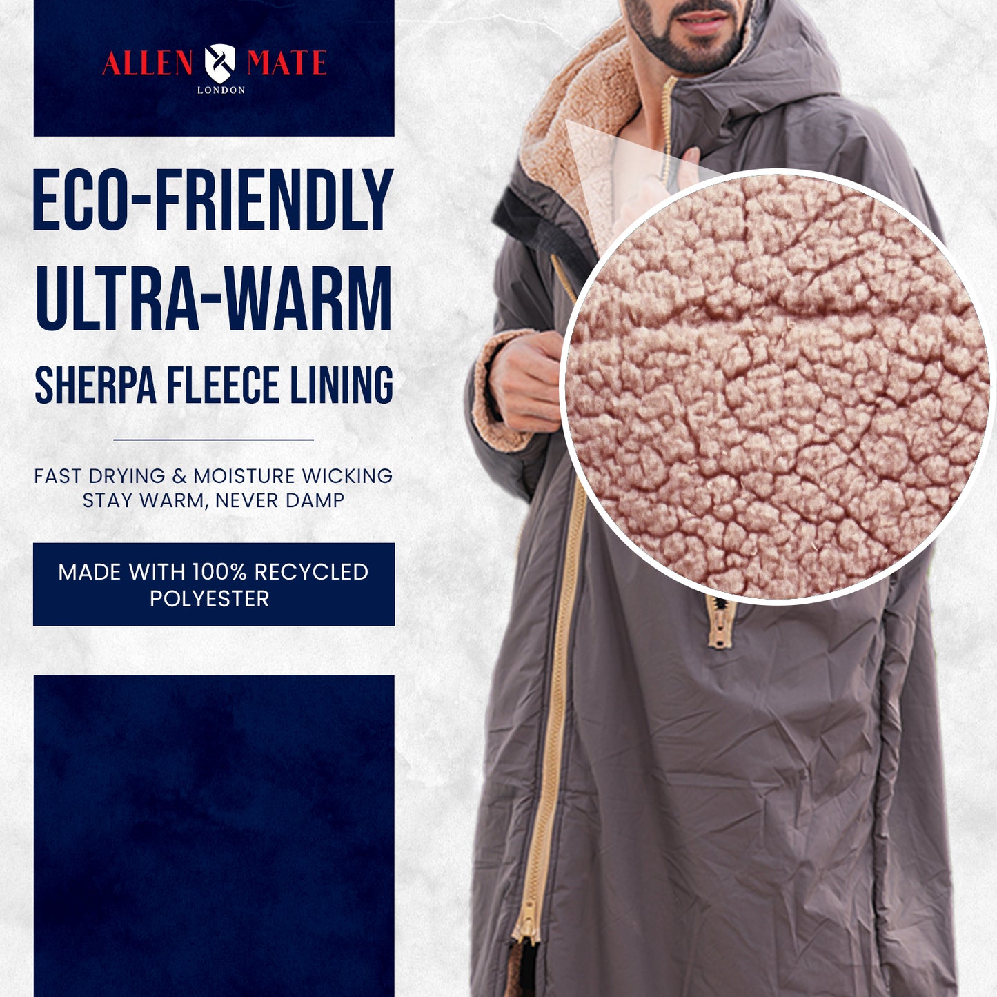 ALLEN & MATE Adult Waterproof Changing Jacket, Sherpa Fleece-Lined and Swim Coat Parka, Heavy Duty Windproof Winter Robe