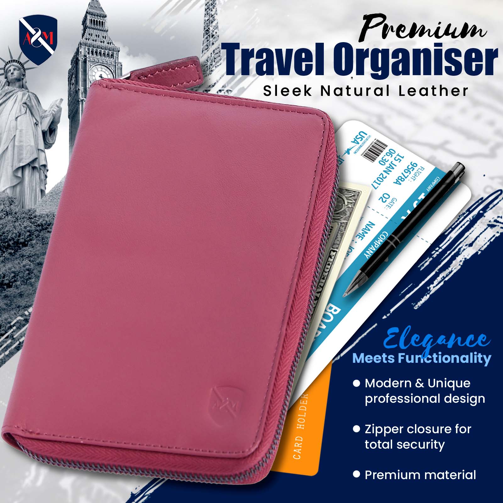 ALLEN & MATE Passport Holder Travel Wallet, 100% Leather RFID Blocking Travel Document Organiser for Men & Women