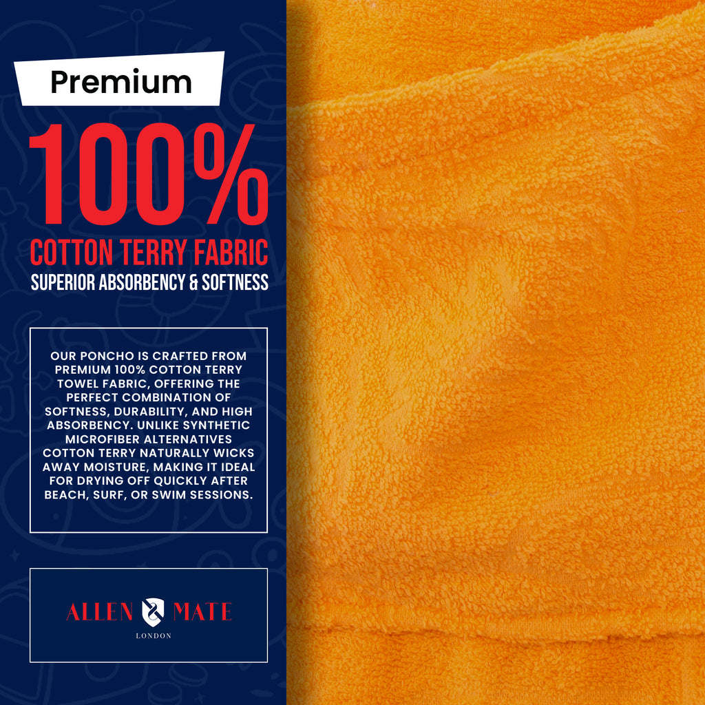 Orange towel with text about premium 100% cotton terry fabric and Allen & Tate branding.