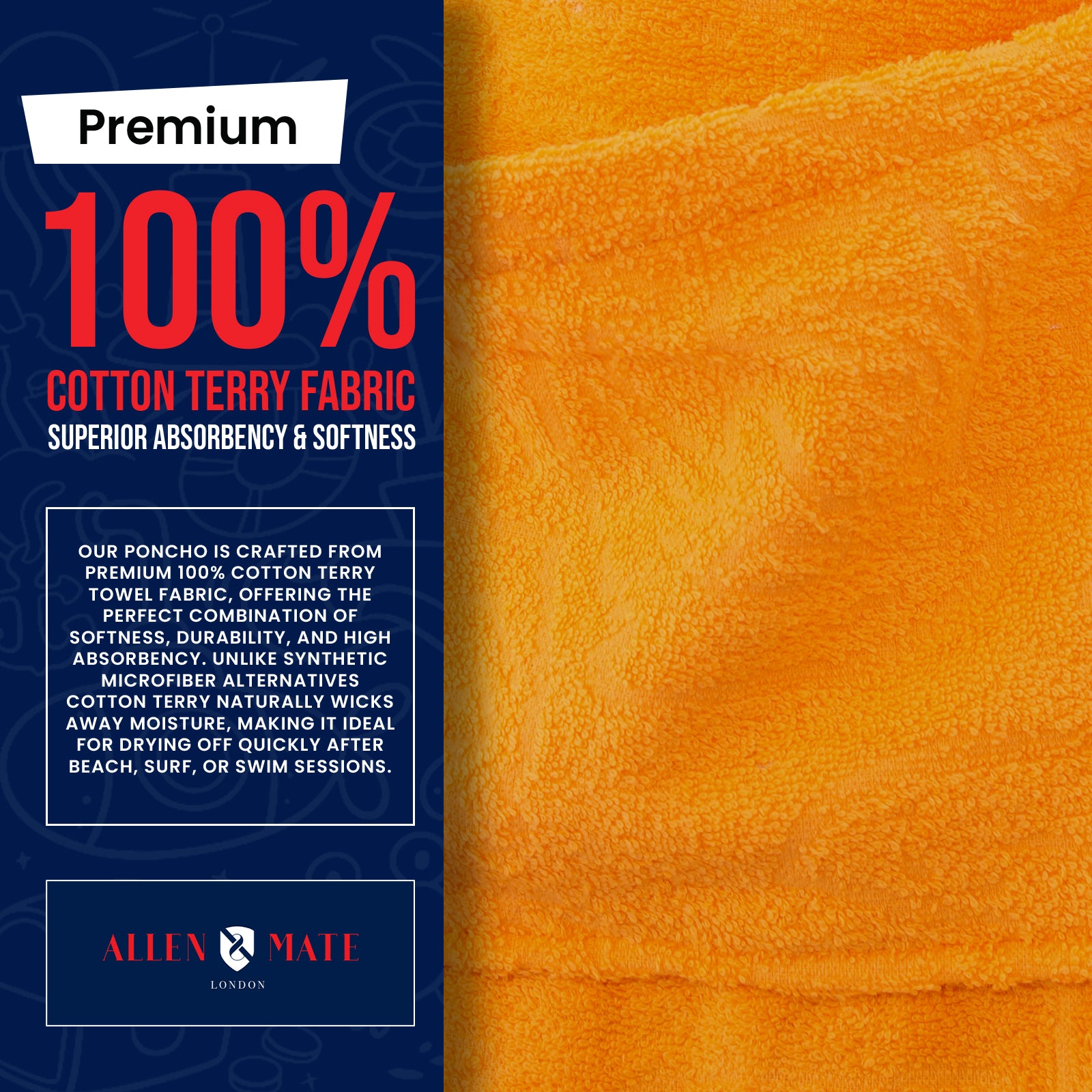 Orange towel with text about premium 100% cotton terry fabric and Allen & Tate branding.