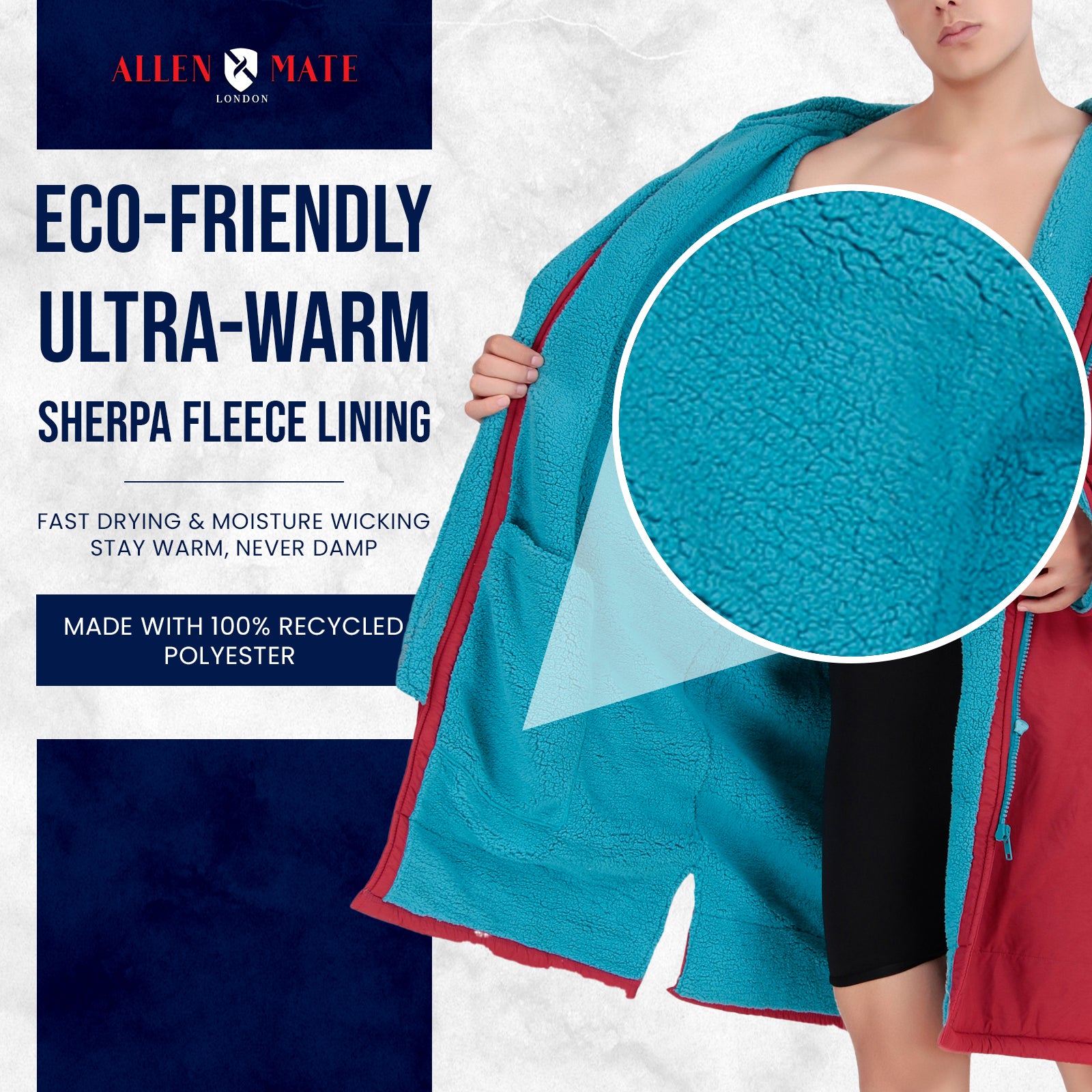 ALLEN & MATE Adult Waterproof Changing Jacket, Sherpa Fleece-Lined and Swim Coat Parka, Heavy Duty Windproof Winter Robe