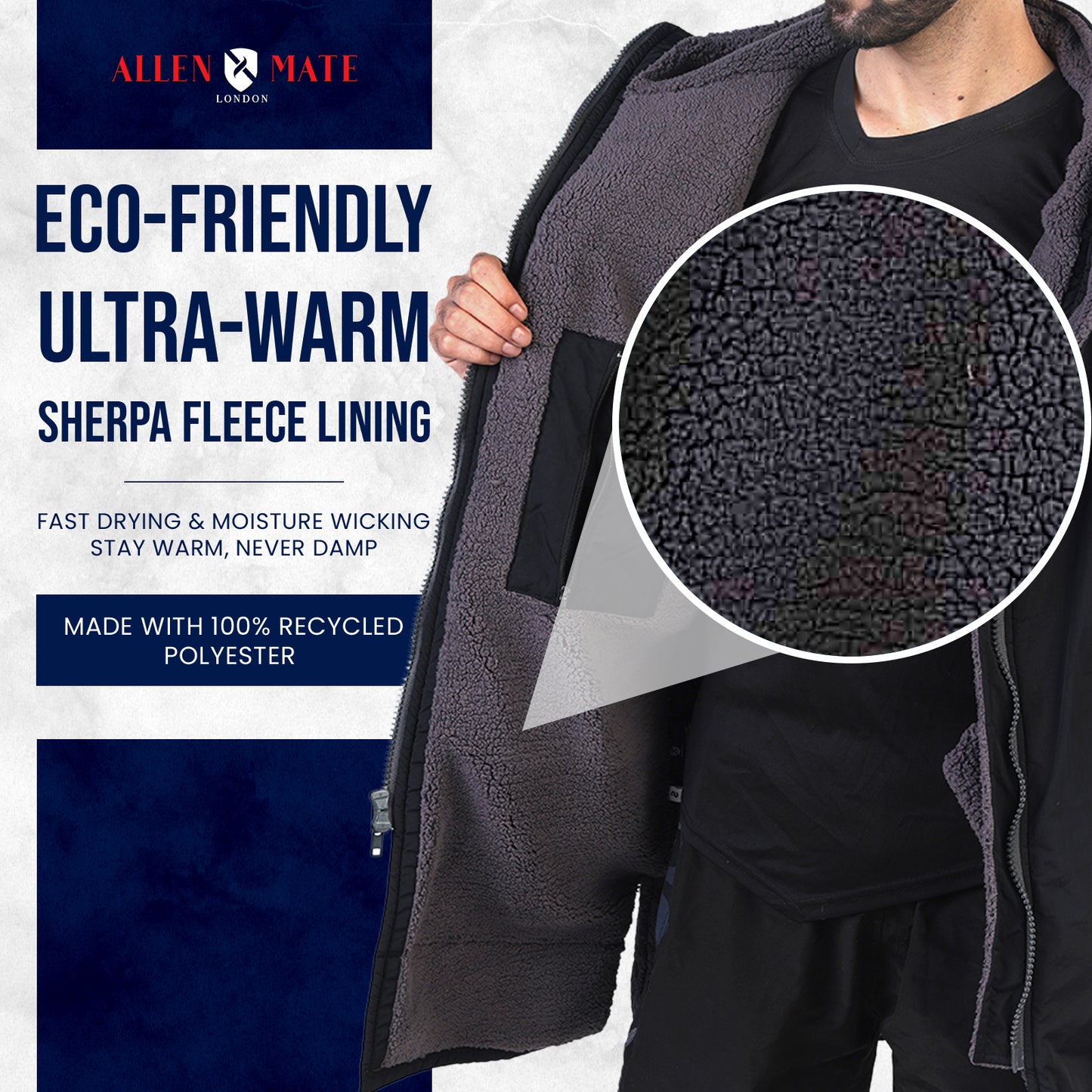 ALLEN & MATE Adult Waterproof Changing Jacket, Sherpa Fleece-Lined and Swim Coat Parka, Heavy Duty Windproof Winter Robe