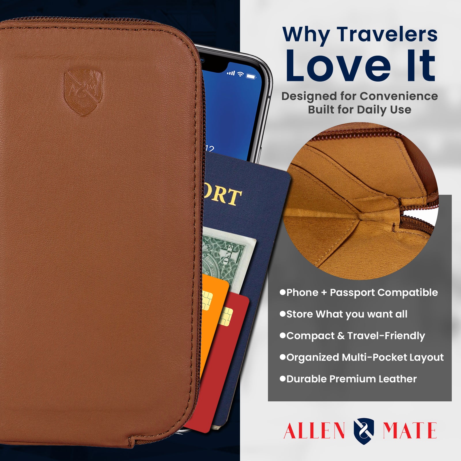ALLEN & MATE Genuine Leather Travel Phone Sleeve & Passport Case – Slim Mobile Pouch Fits iPhone 17/17 Pro/17 Pro Max, 16/16 Plus/16 Pro/16 Pro Max, 15 Samsung Android – Travel Wallet