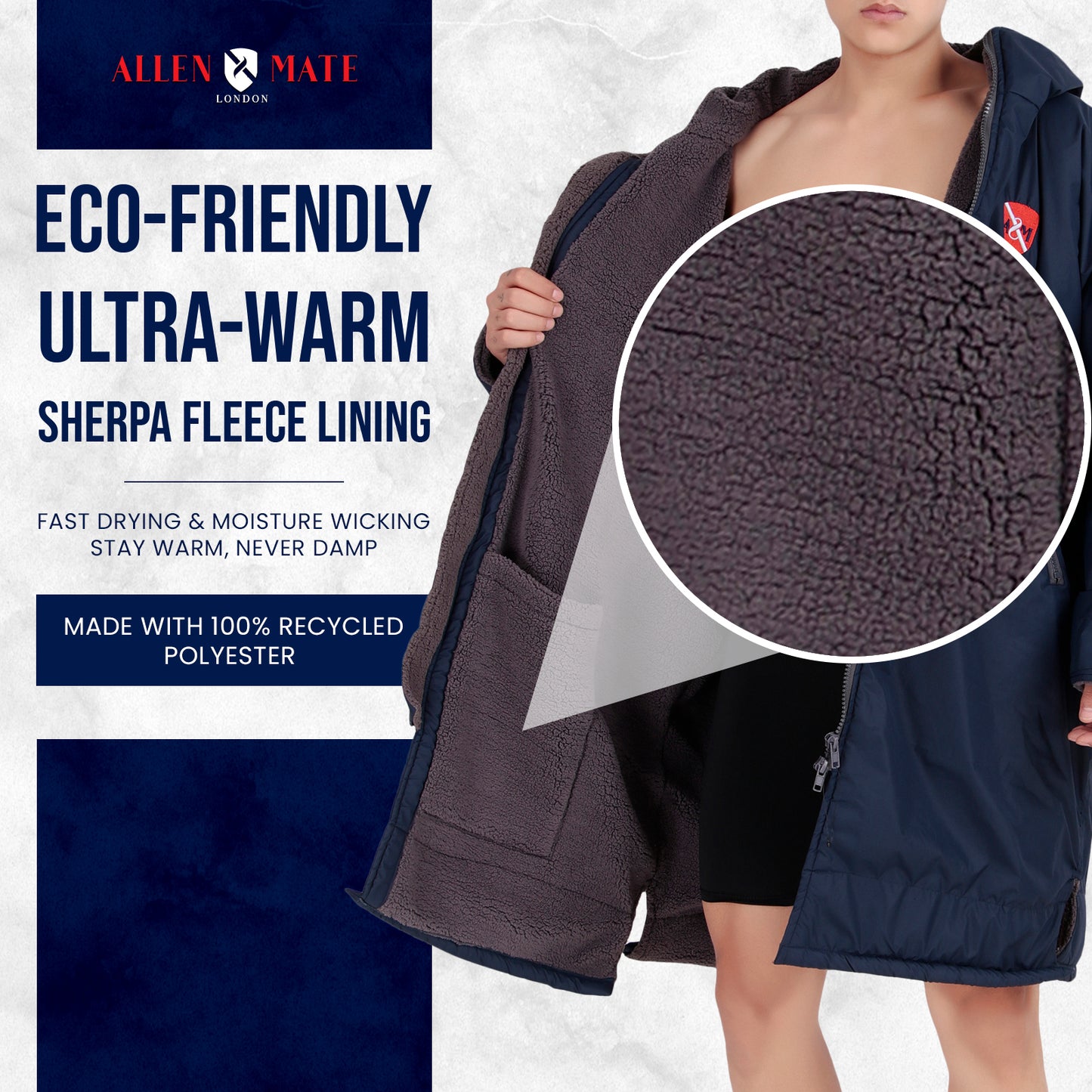 ALLEN & MATE Adult Waterproof Changing Jacket, Sherpa Fleece-Lined and Swim Coat Parka, Heavy Duty Windproof Winter Robe