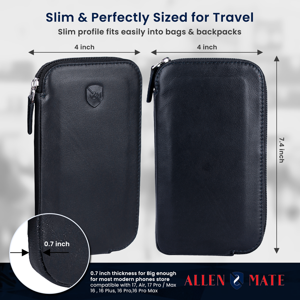 ALLEN & MATE Genuine Leather Travel Phone Sleeve & Passport Case – Slim Mobile Pouch Fits iPhone 17/17 Pro/17 Pro Max, 16/16 Plus/16 Pro/16 Pro Max, 15 Samsung Android – Travel Wallet