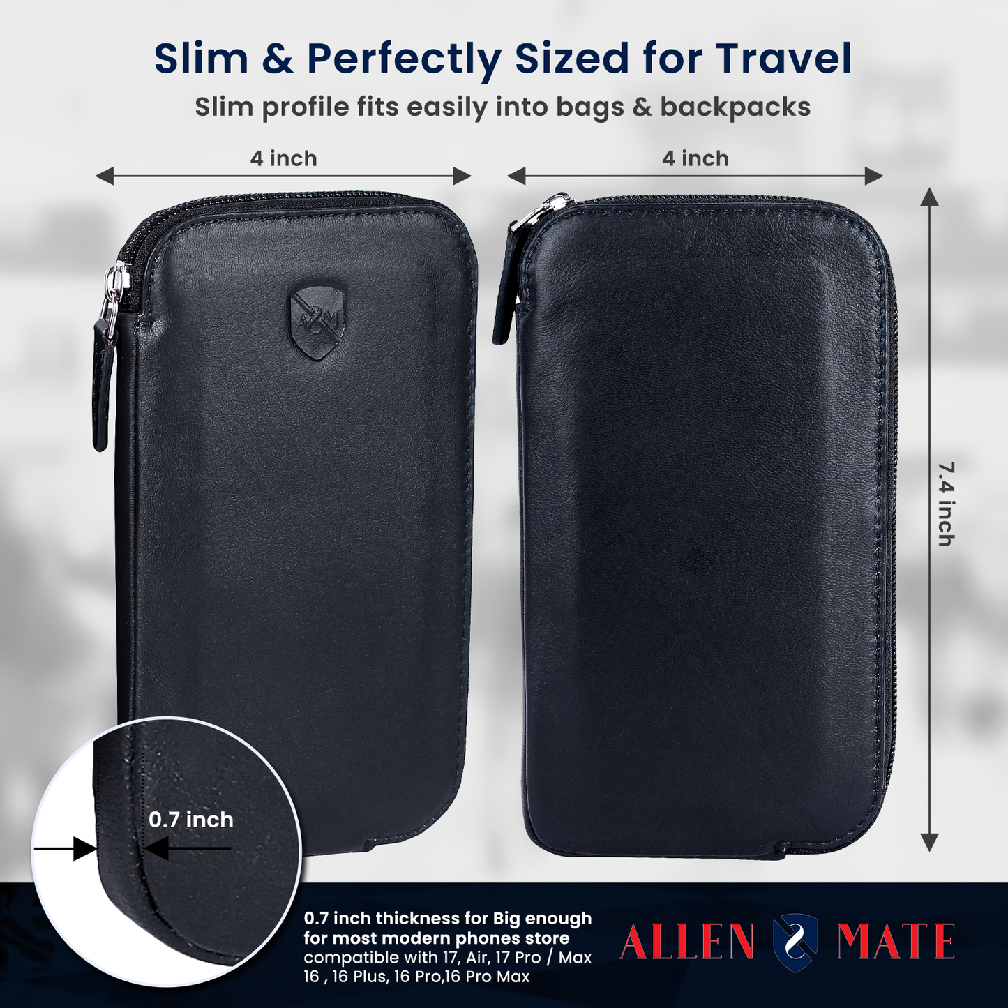 ALLEN & MATE Genuine Leather Travel Phone Sleeve & Passport Case – Slim Mobile Pouch Fits iPhone 17/17 Pro/17 Pro Max, 16/16 Plus/16 Pro/16 Pro Max, 15 Samsung Android – Travel Wallet