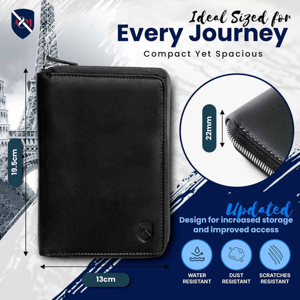 ALLEN & MATE Passport Holder Travel Wallet, 100% Leather RFID Blocking Travel Document Organiser for Men & Women
