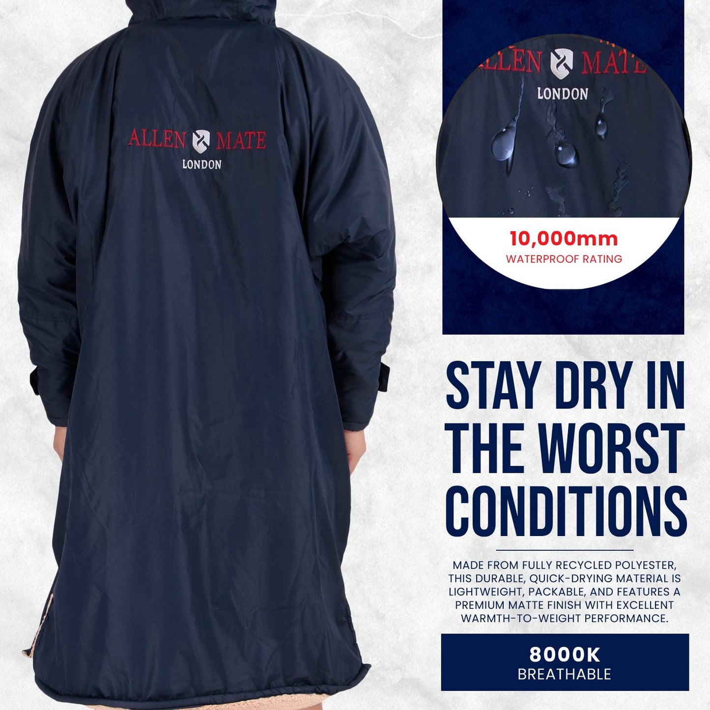 ALLEN & MATE Adult Waterproof Changing Jacket, Sherpa Fleece-Lined and Swim Coat Parka, Heavy Duty Windproof Winter Robe