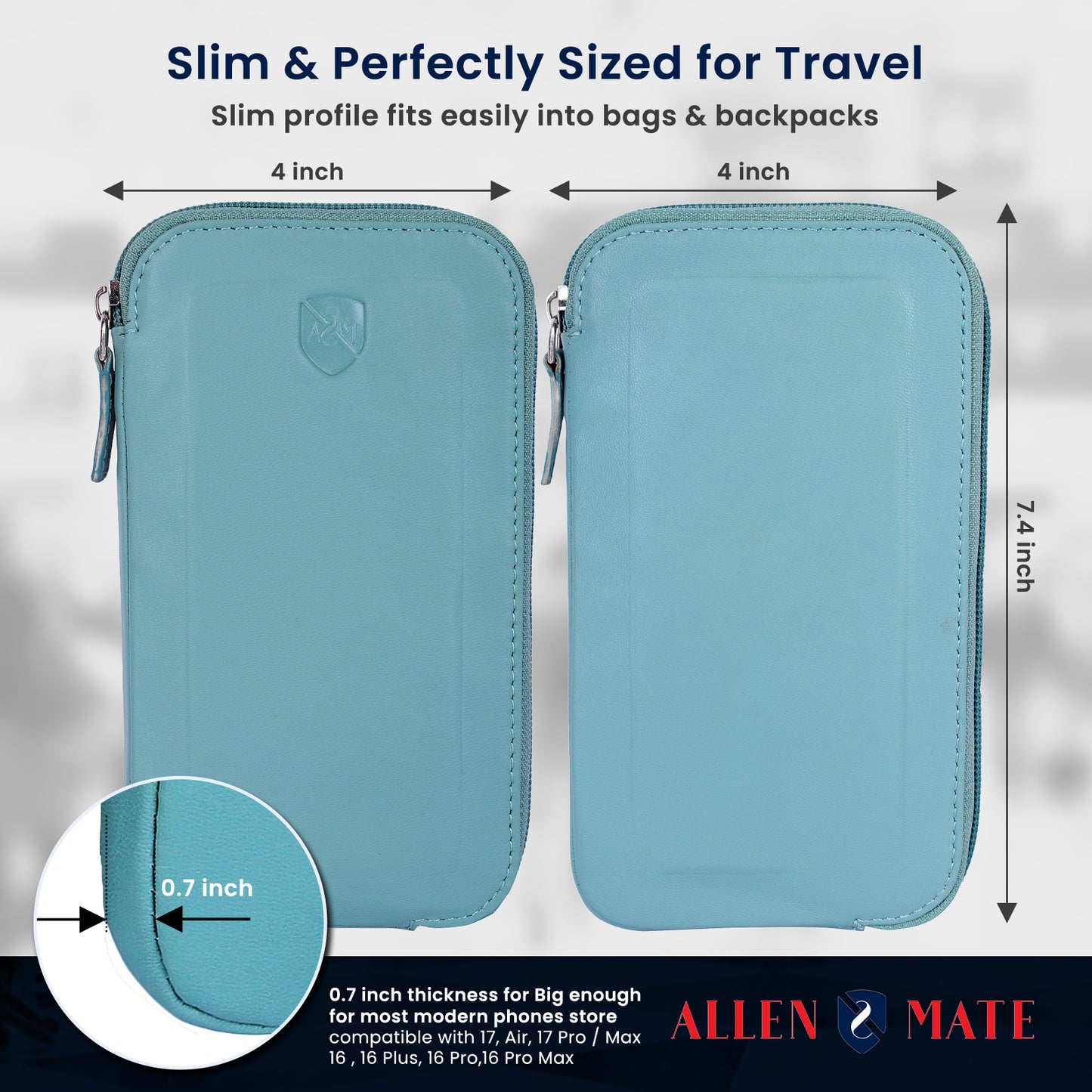 ALLEN & MATE Genuine Leather Travel Phone Sleeve & Passport Case – Slim Mobile Pouch Fits iPhone 17/17 Pro/17 Pro Max, 16/16 Plus/16 Pro/16 Pro Max, 15 Samsung Android – Travel Wallet