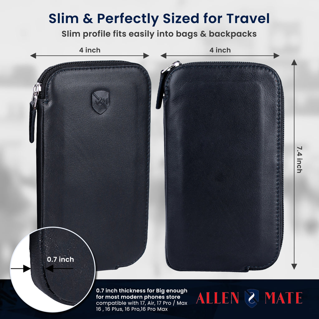 ALLEN & MATE Genuine Leather Travel Phone Sleeve & Passport Case – Slim Mobile Pouch Fits iPhone 17/17 Pro/17 Pro Max, 16/16 Plus/16 Pro/16 Pro Max, 15 Samsung Android – Travel Wallet