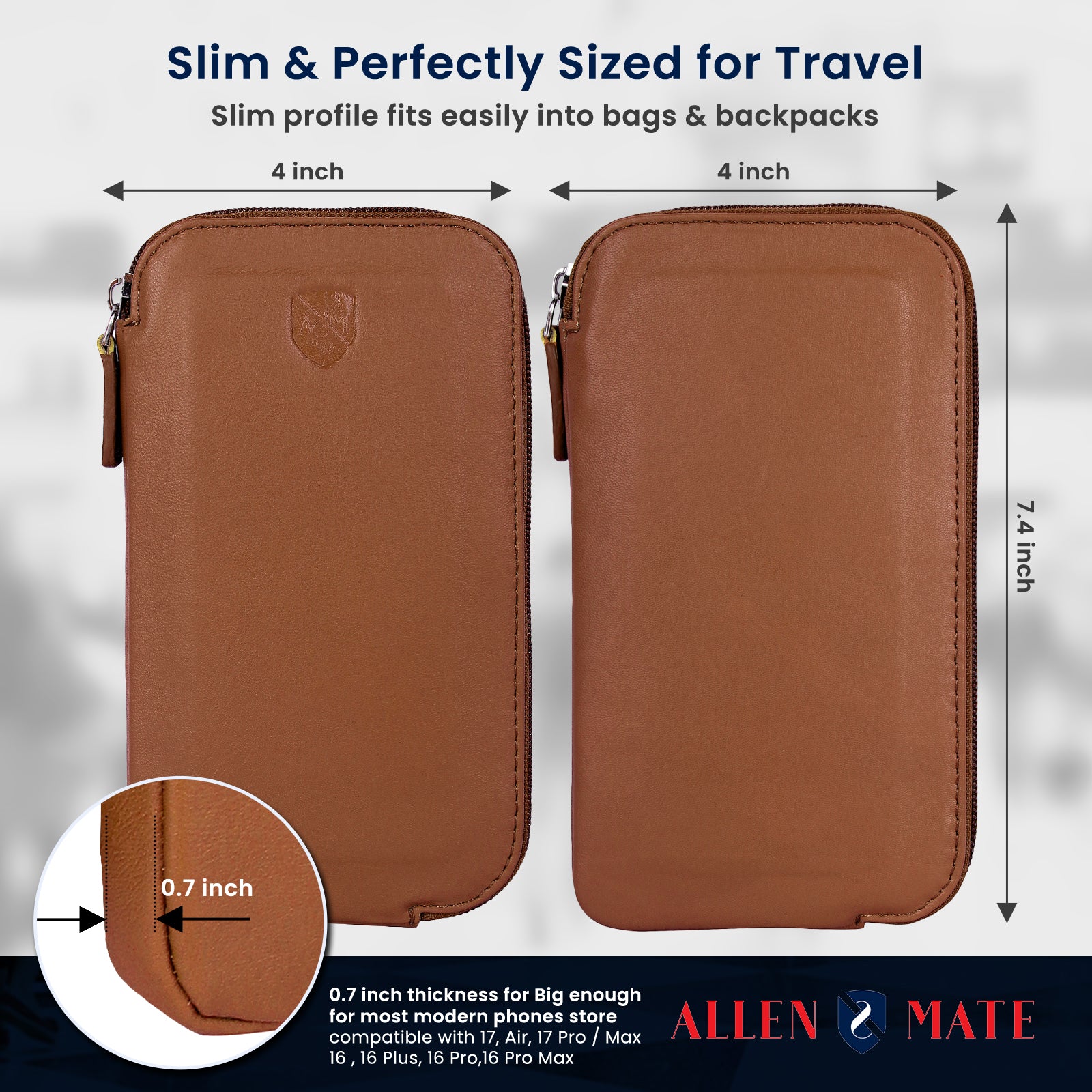 ALLEN & MATE Genuine Leather Travel Phone Sleeve & Passport Case – Slim Mobile Pouch Fits iPhone 17/17 Pro/17 Pro Max, 16/16 Plus/16 Pro/16 Pro Max, 15 Samsung Android – Travel Wallet