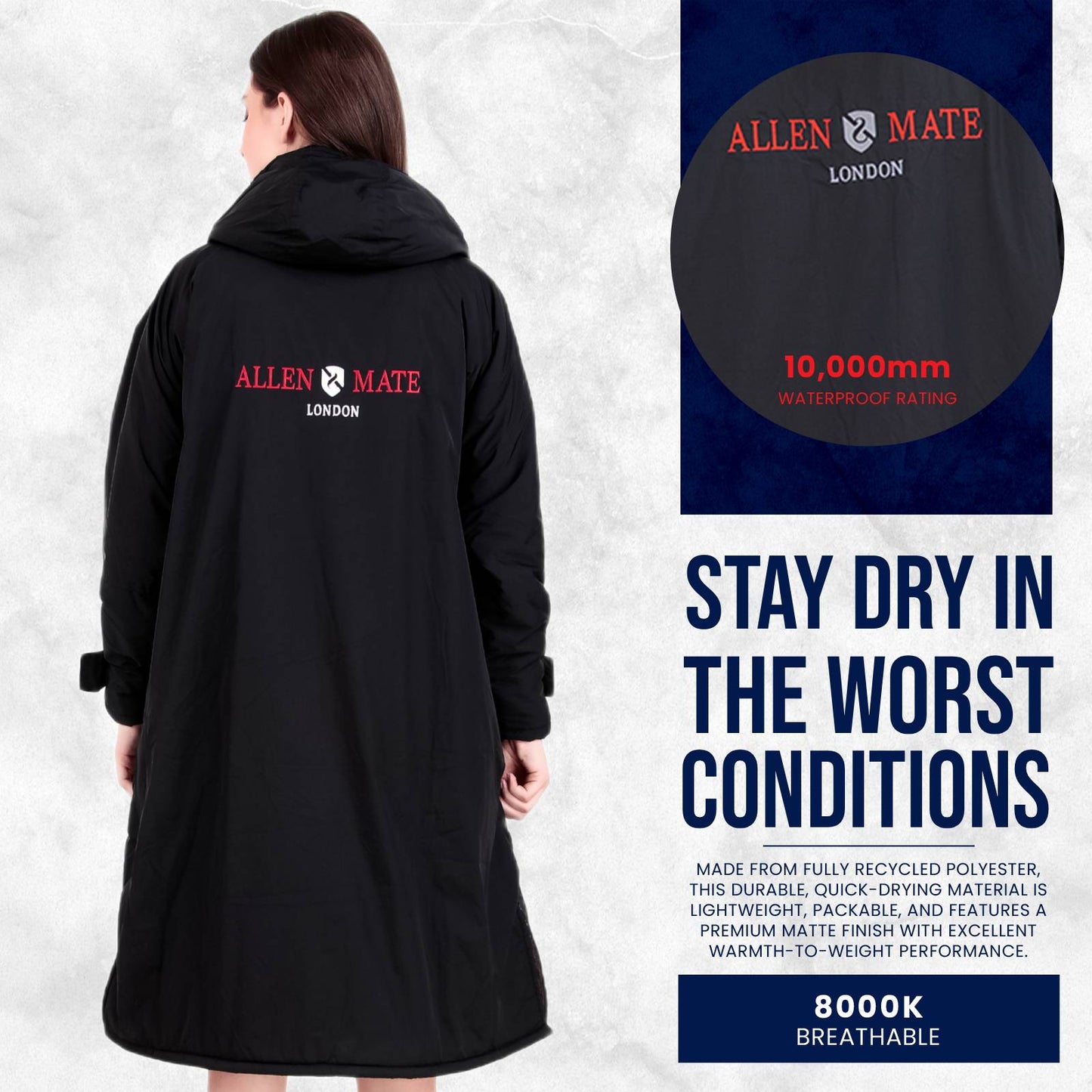 ALLEN & MATE Adult Waterproof Changing Jacket, Sherpa Fleece-Lined and Swim Coat Parka, Heavy Duty Windproof Winter Robe