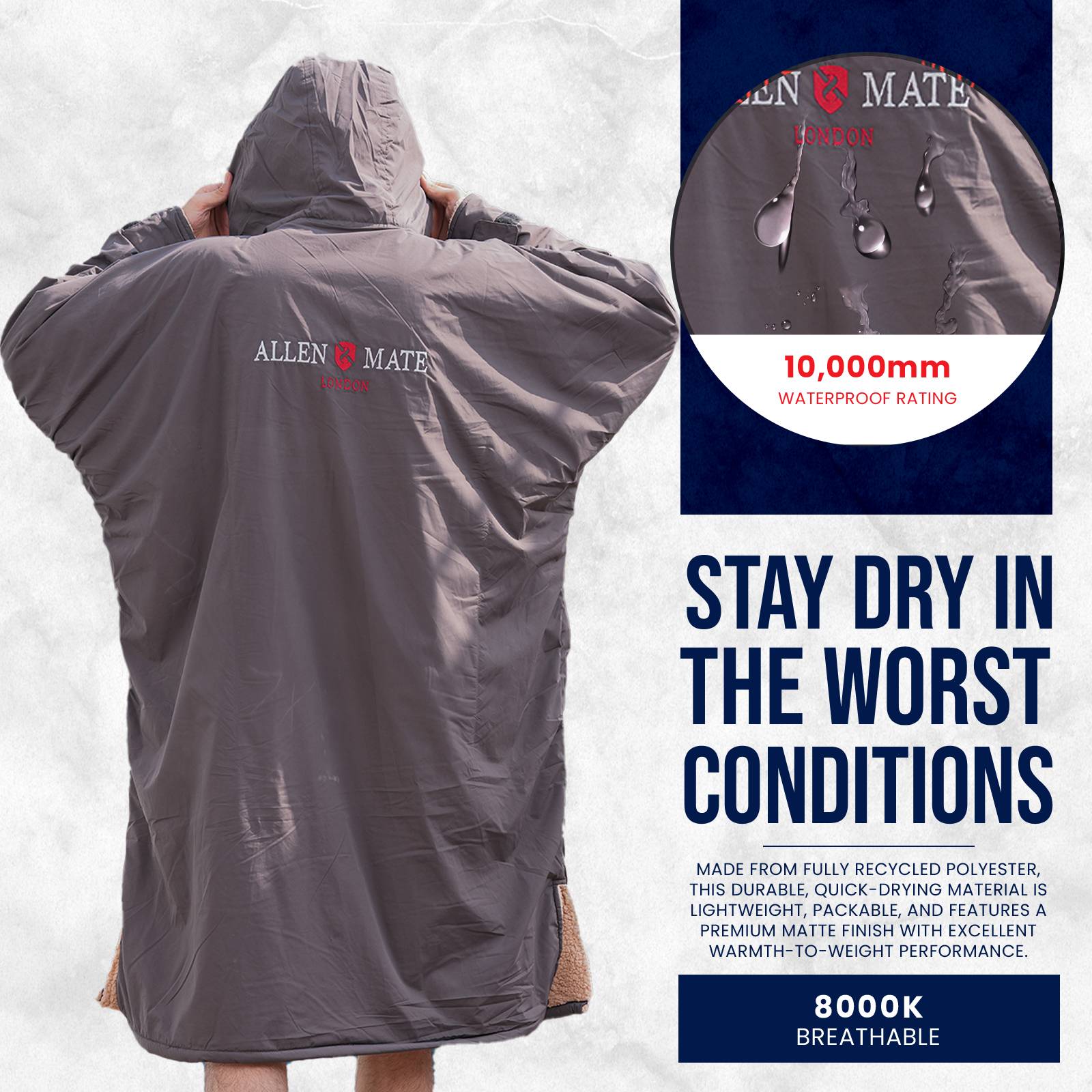 ALLEN & MATE Adult Waterproof Changing Jacket, Sherpa Fleece-Lined and Swim Coat Parka, Heavy Duty Windproof Winter Robe