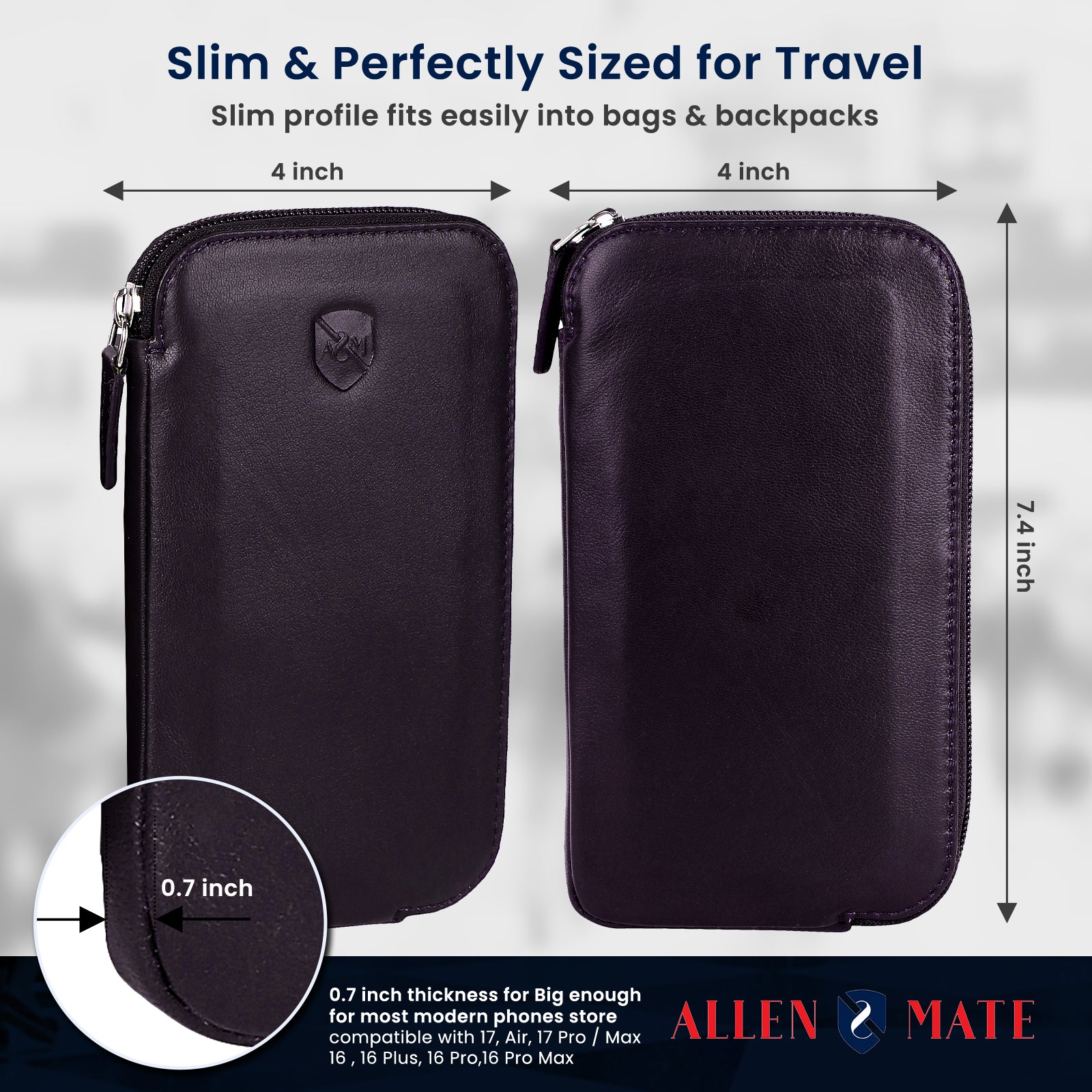 ALLEN & MATE Genuine Leather Travel Phone Sleeve & Passport Case – Slim Mobile Pouch Fits iPhone 17/17 Pro/17 Pro Max, 16/16 Plus/16 Pro/16 Pro Max, 15 Samsung Android – Travel Wallet