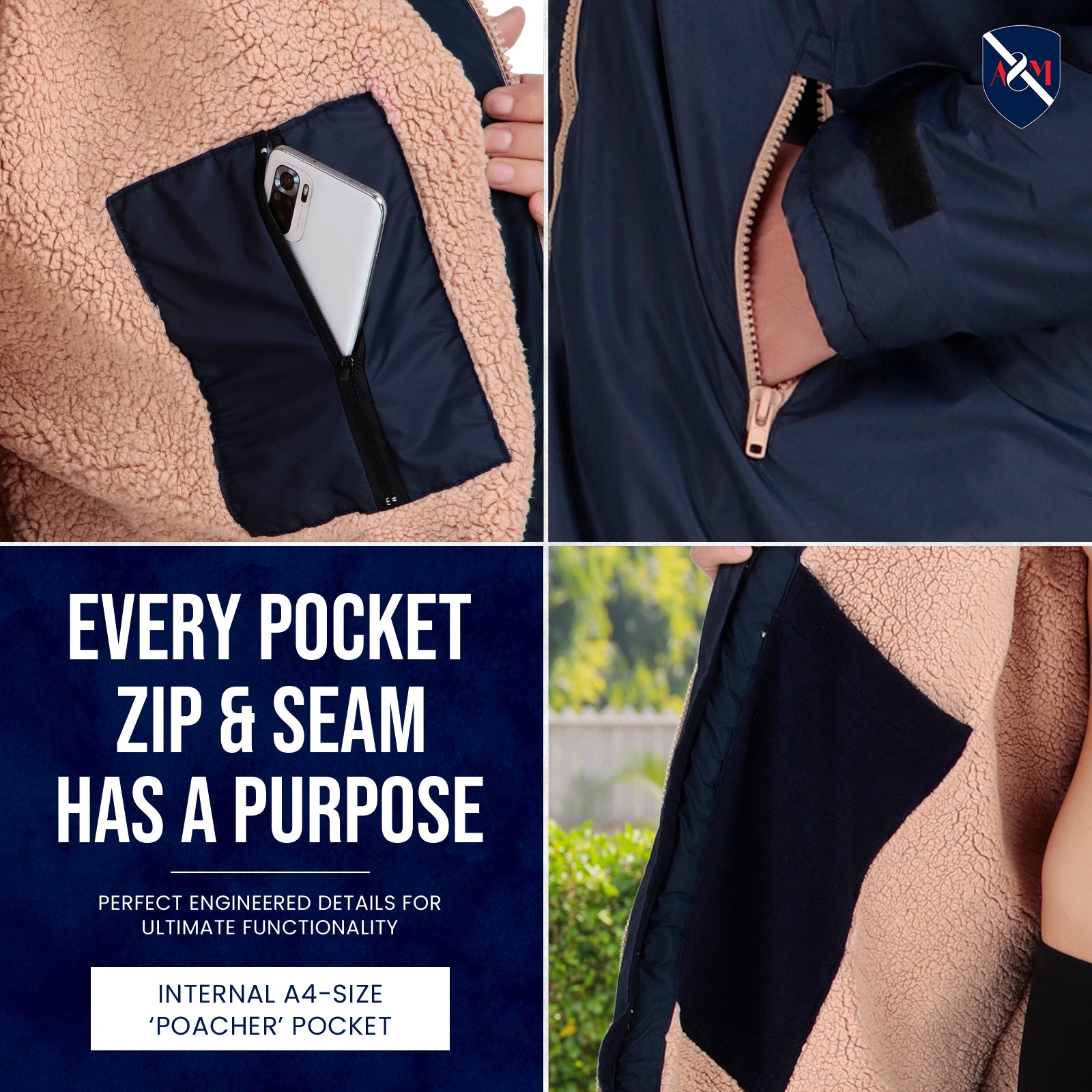 ALLEN & MATE Adult Waterproof Changing Jacket, Sherpa Fleece-Lined and Swim Coat Parka, Heavy Duty Windproof Winter Robe