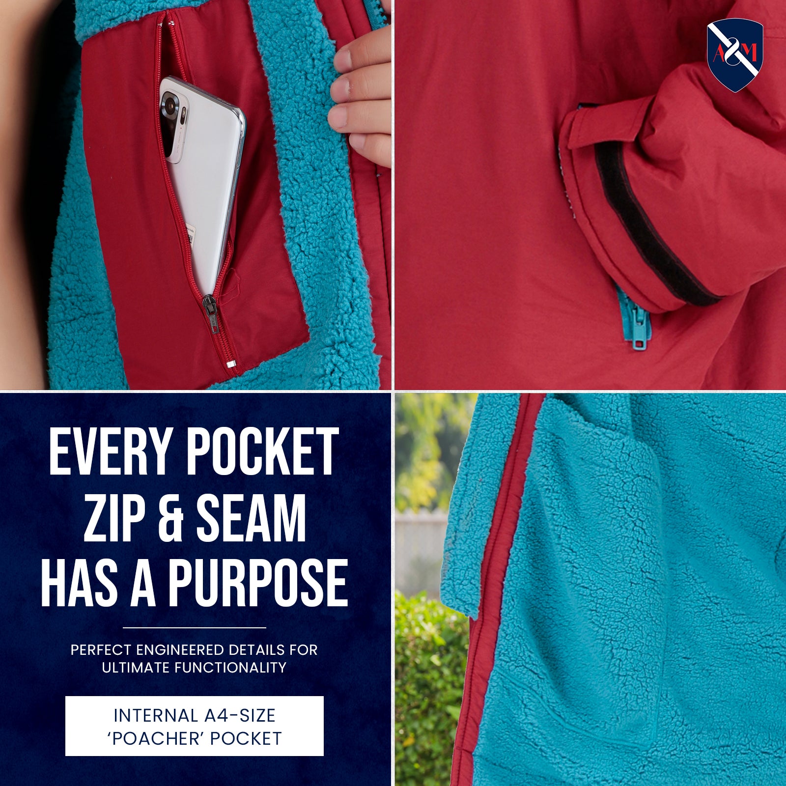 ALLEN & MATE Adult Waterproof Changing Jacket, Sherpa Fleece-Lined and Swim Coat Parka, Heavy Duty Windproof Winter Robe