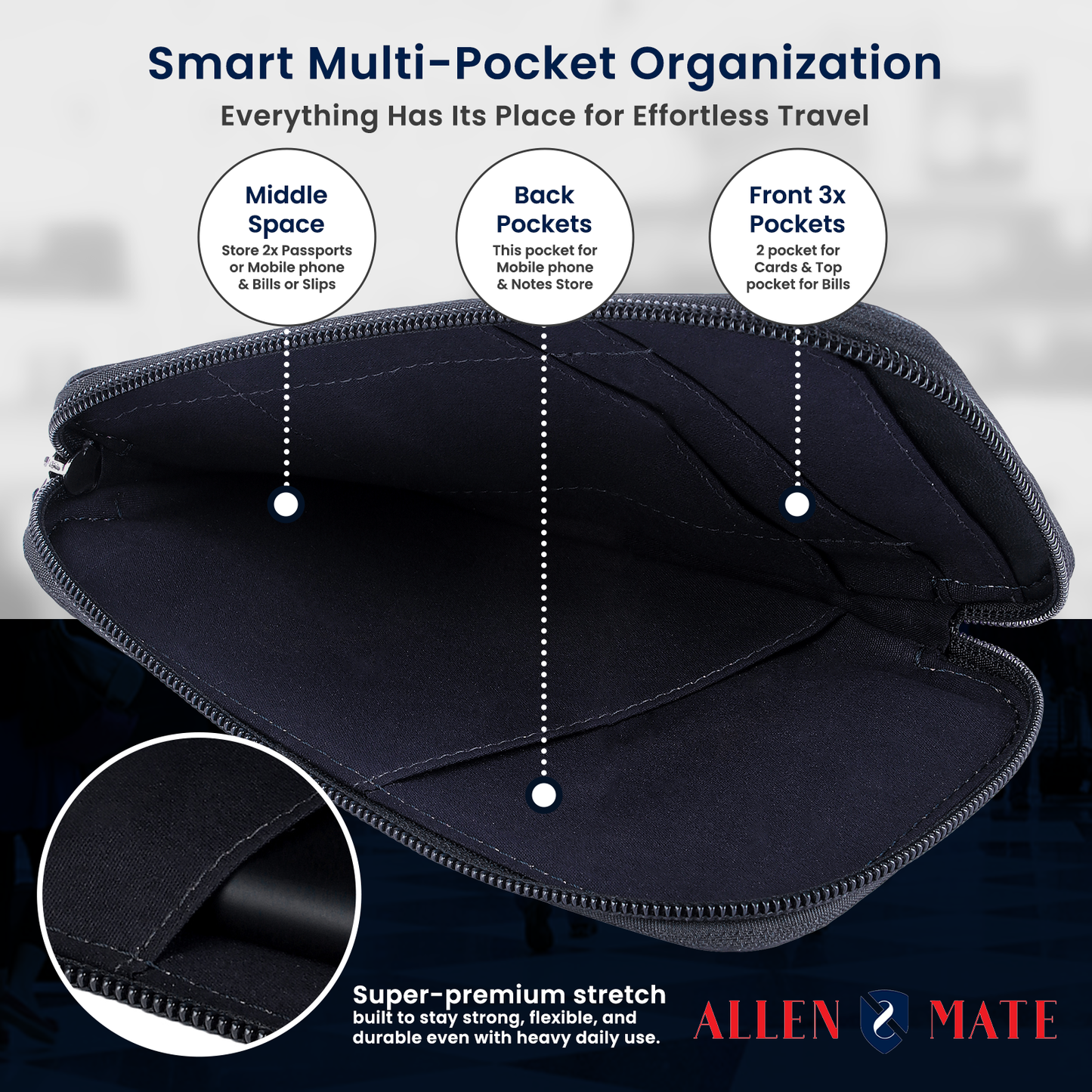 ALLEN & MATE Genuine Leather Travel Phone Sleeve & Passport Case – Slim Mobile Pouch Fits iPhone 17/17 Pro/17 Pro Max, 16/16 Plus/16 Pro/16 Pro Max, 15 Samsung Android – Travel Wallet