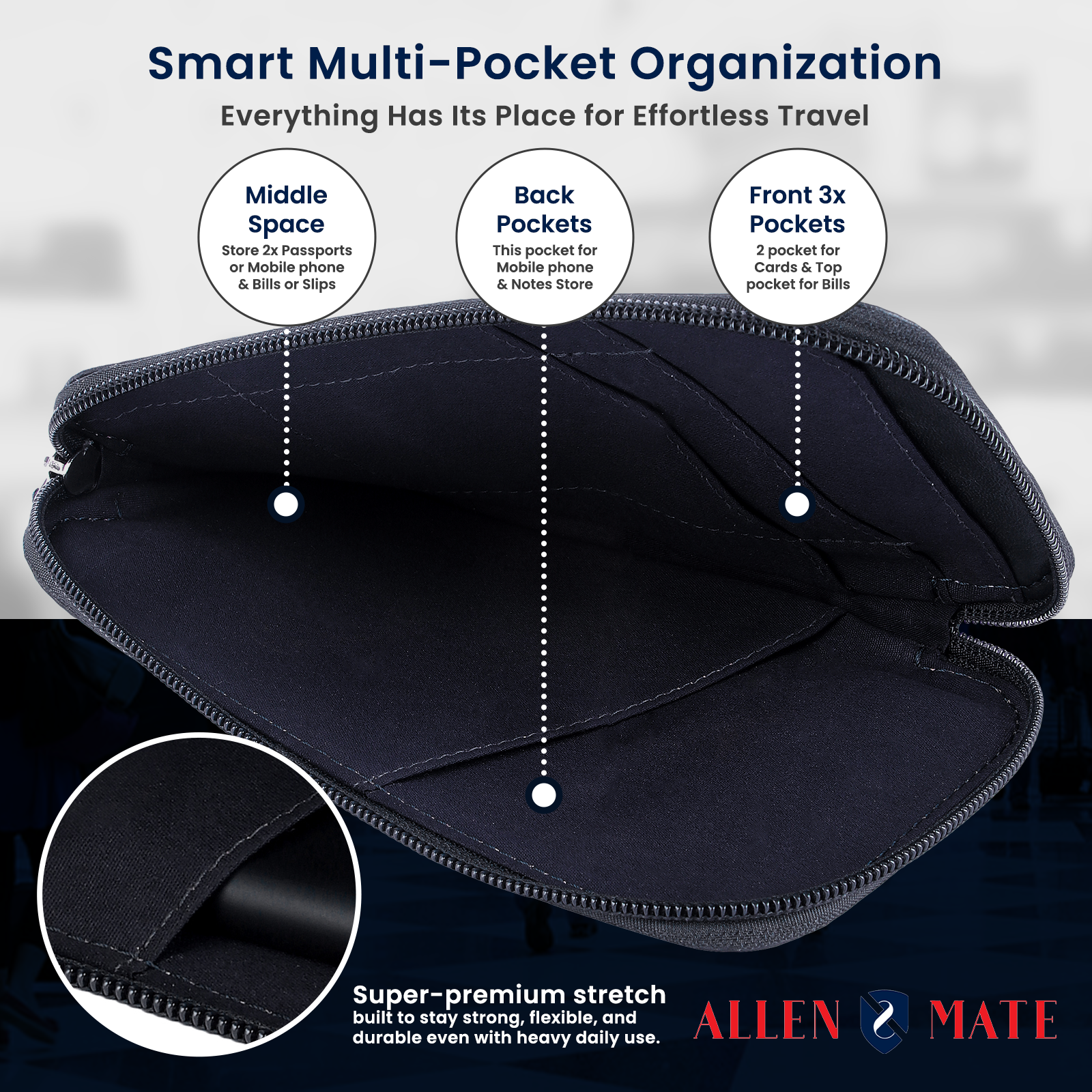 ALLEN & MATE Genuine Leather Travel Phone Sleeve & Passport Case – Slim Mobile Pouch Fits iPhone 17/17 Pro/17 Pro Max, 16/16 Plus/16 Pro/16 Pro Max, 15 Samsung Android – Travel Wallet