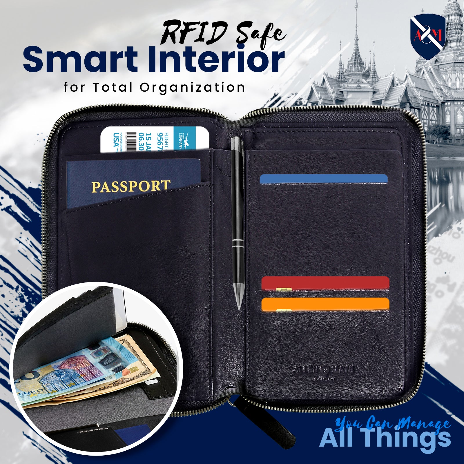 ALLEN & MATE Passport Holder Travel Wallet, 100% Leather RFID Blocking Travel Document Organiser for Men & Women