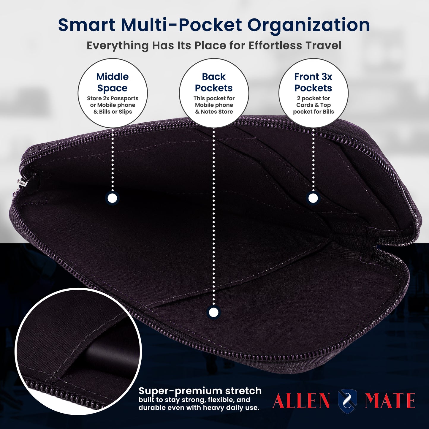 ALLEN & MATE Genuine Leather Travel Phone Sleeve & Passport Case – Slim Mobile Pouch Fits iPhone 17/17 Pro/17 Pro Max, 16/16 Plus/16 Pro/16 Pro Max, 15 Samsung Android – Travel Wallet