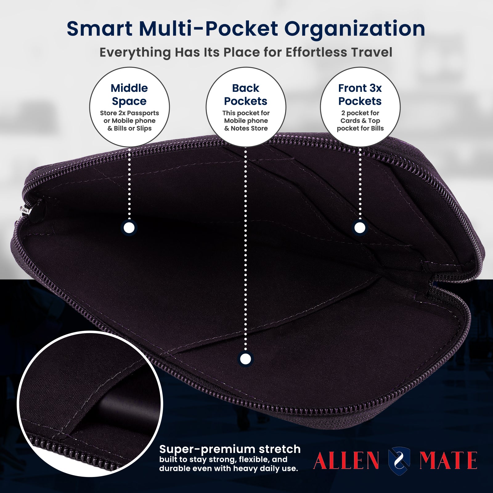 ALLEN & MATE Genuine Leather Travel Phone Sleeve & Passport Case – Slim Mobile Pouch Fits iPhone 17/17 Pro/17 Pro Max, 16/16 Plus/16 Pro/16 Pro Max, 15 Samsung Android – Travel Wallet