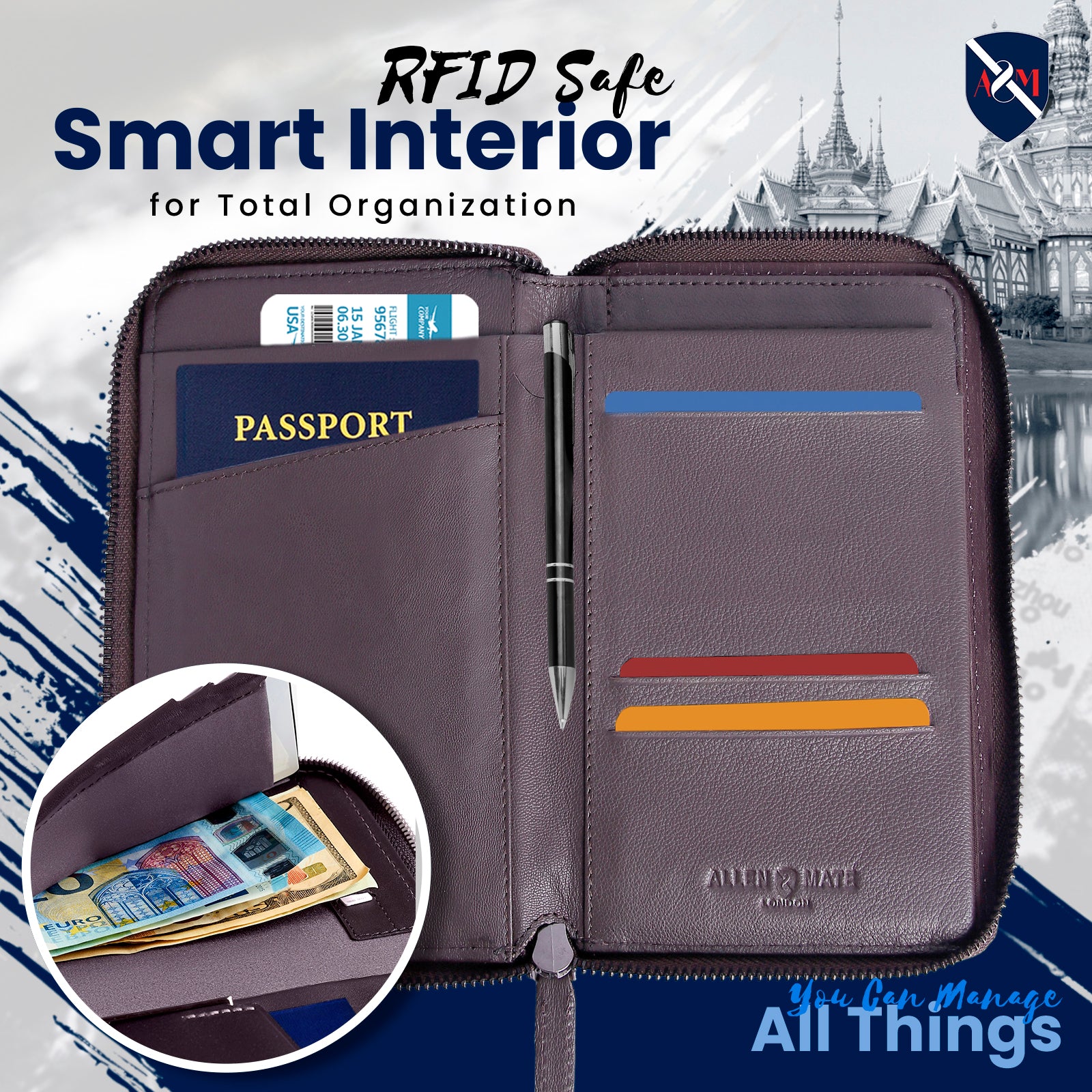 ALLEN & MATE Passport Holder Travel Wallet, 100% Leather RFID Blocking Travel Document Organiser for Men & Women