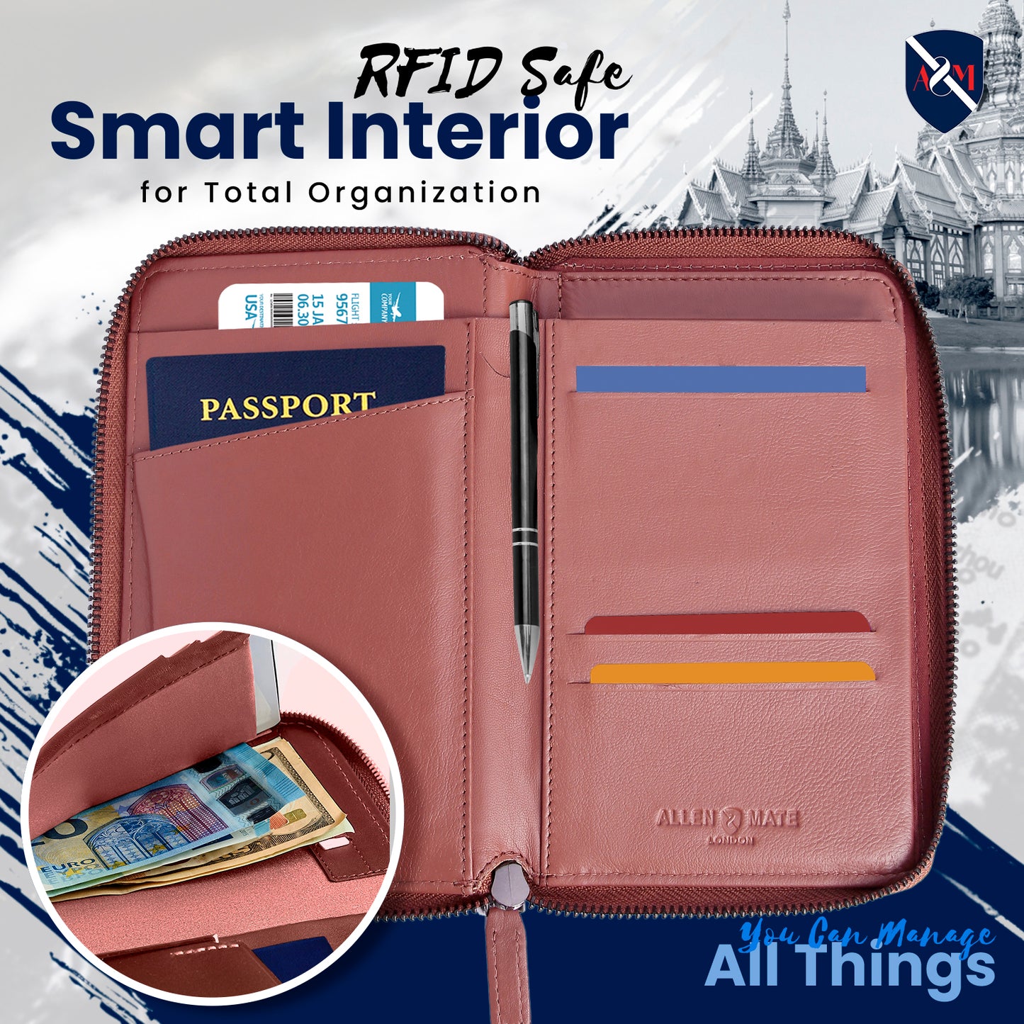 ALLEN & MATE Passport Holder Travel Wallet, 100% Leather RFID Blocking Travel Document Organiser for Men & Women
