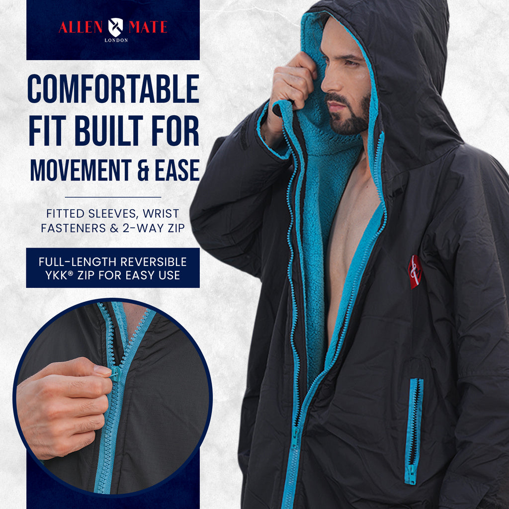 ALLEN & MATE Adult Waterproof Changing Jacket, Sherpa Fleece-Lined and Swim Coat Parka, Heavy Duty Windproof Winter Robe