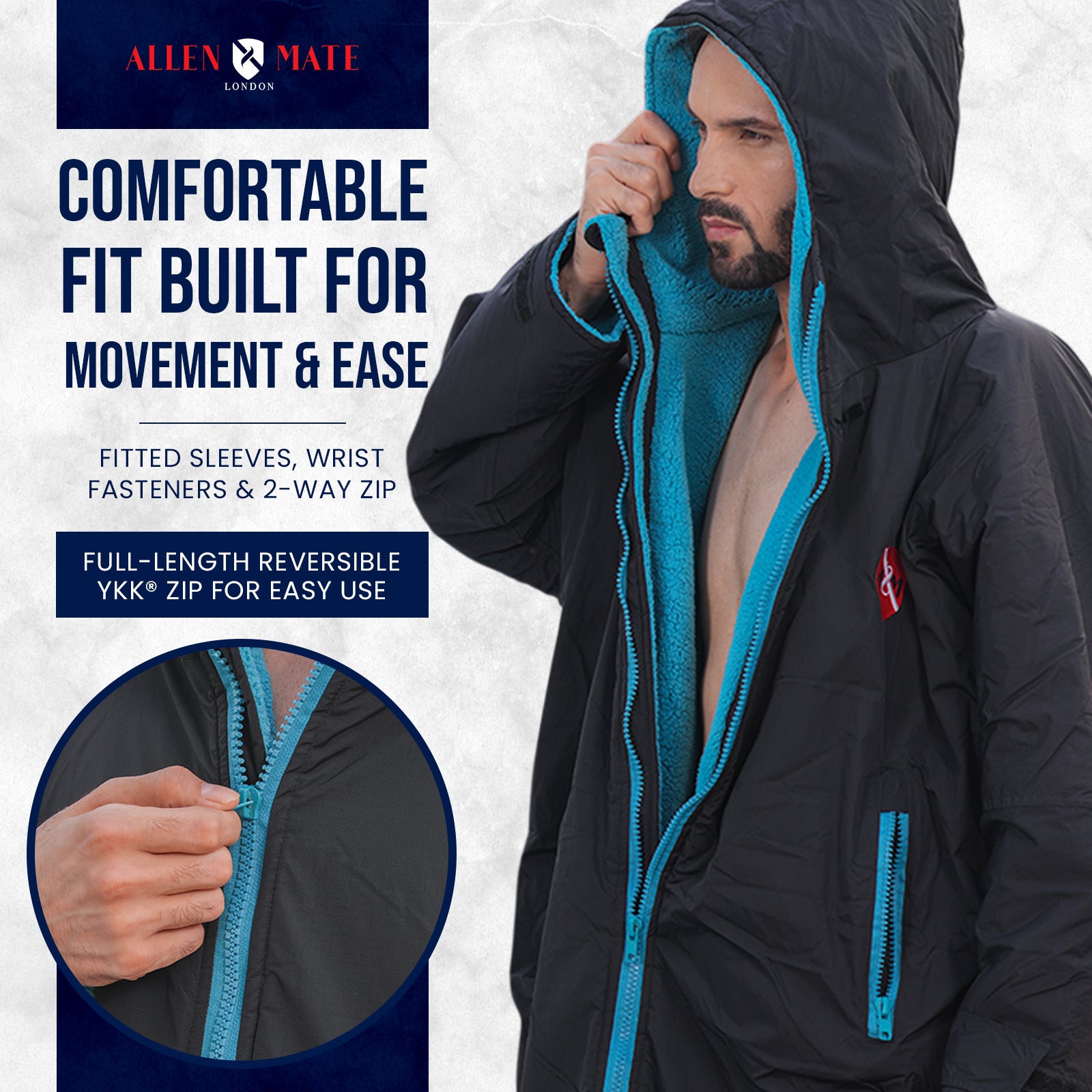 ALLEN & MATE Adult Waterproof Changing Jacket, Sherpa Fleece-Lined and Swim Coat Parka, Heavy Duty Windproof Winter Robe
