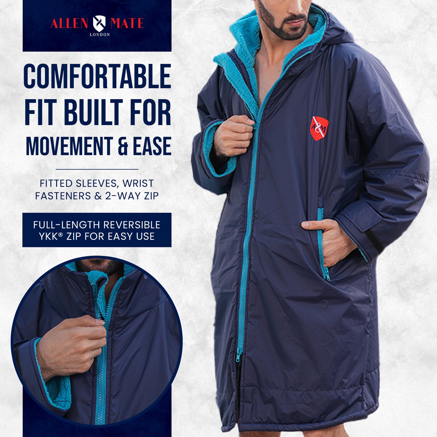 ALLEN & MATE Adult Waterproof Changing Jacket, Sherpa Fleece-Lined and Swim Coat Parka, Heavy Duty Windproof Winter Robe